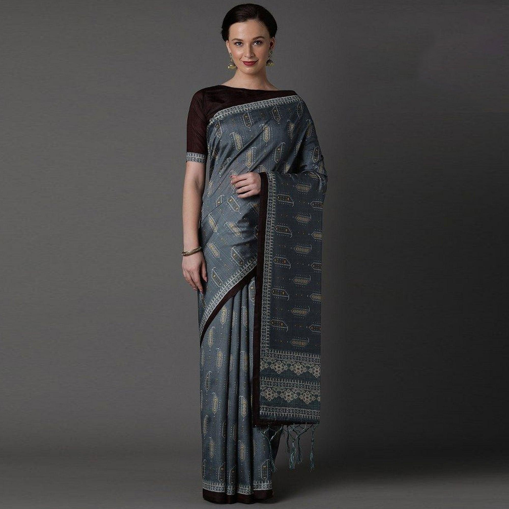 Grey Party Wear Satin Printed Saree With Unstitched Blouse - Peachmode