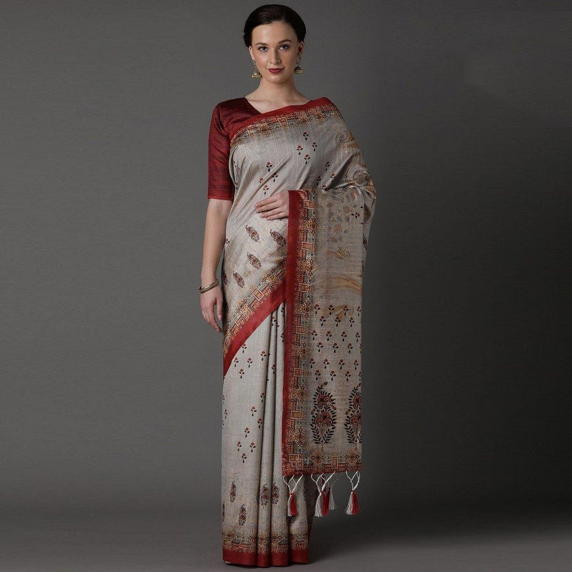Grey Party Wear Satin Printed Saree With Unstitched Blouse - Peachmode