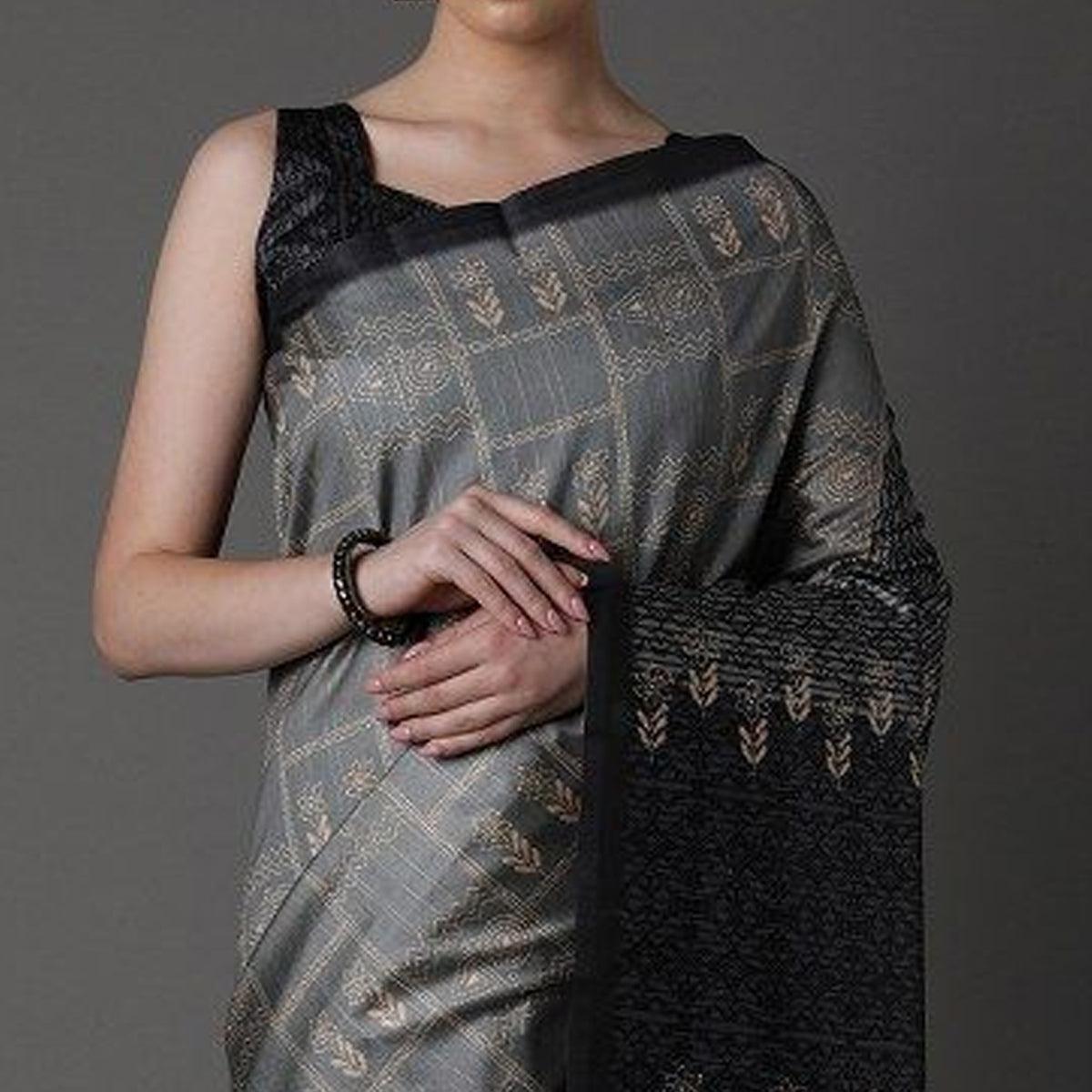 Grey Party Wear Satin Printed Saree With Unstitched Blouse - Peachmode