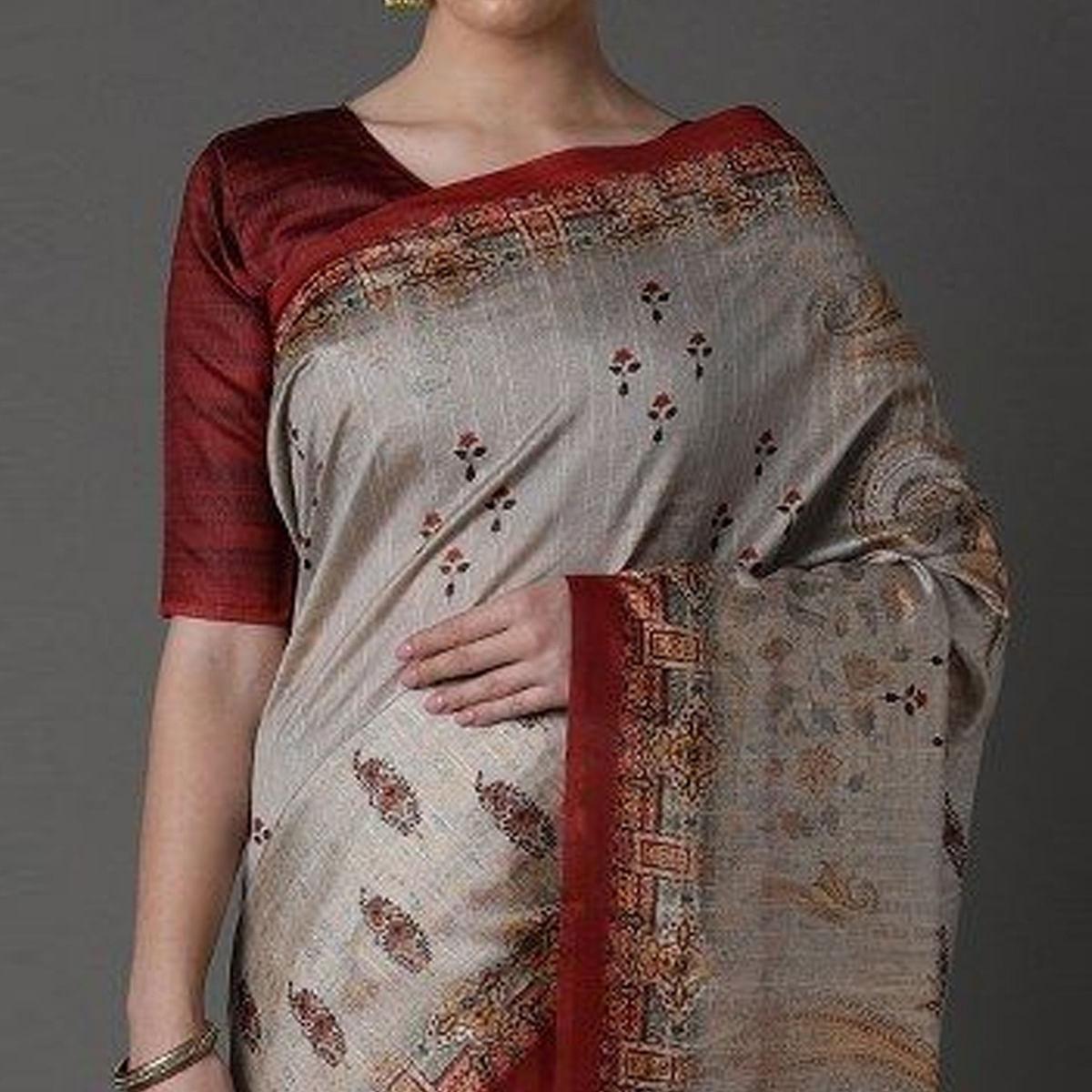 Grey Party Wear Satin Printed Saree With Unstitched Blouse - Peachmode