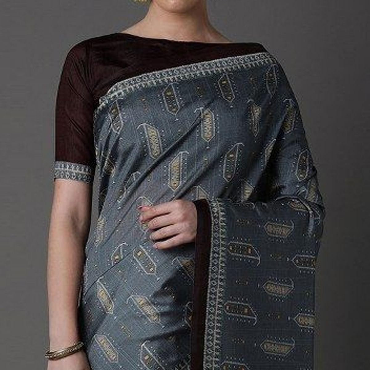 Grey Party Wear Satin Printed Saree With Unstitched Blouse - Peachmode