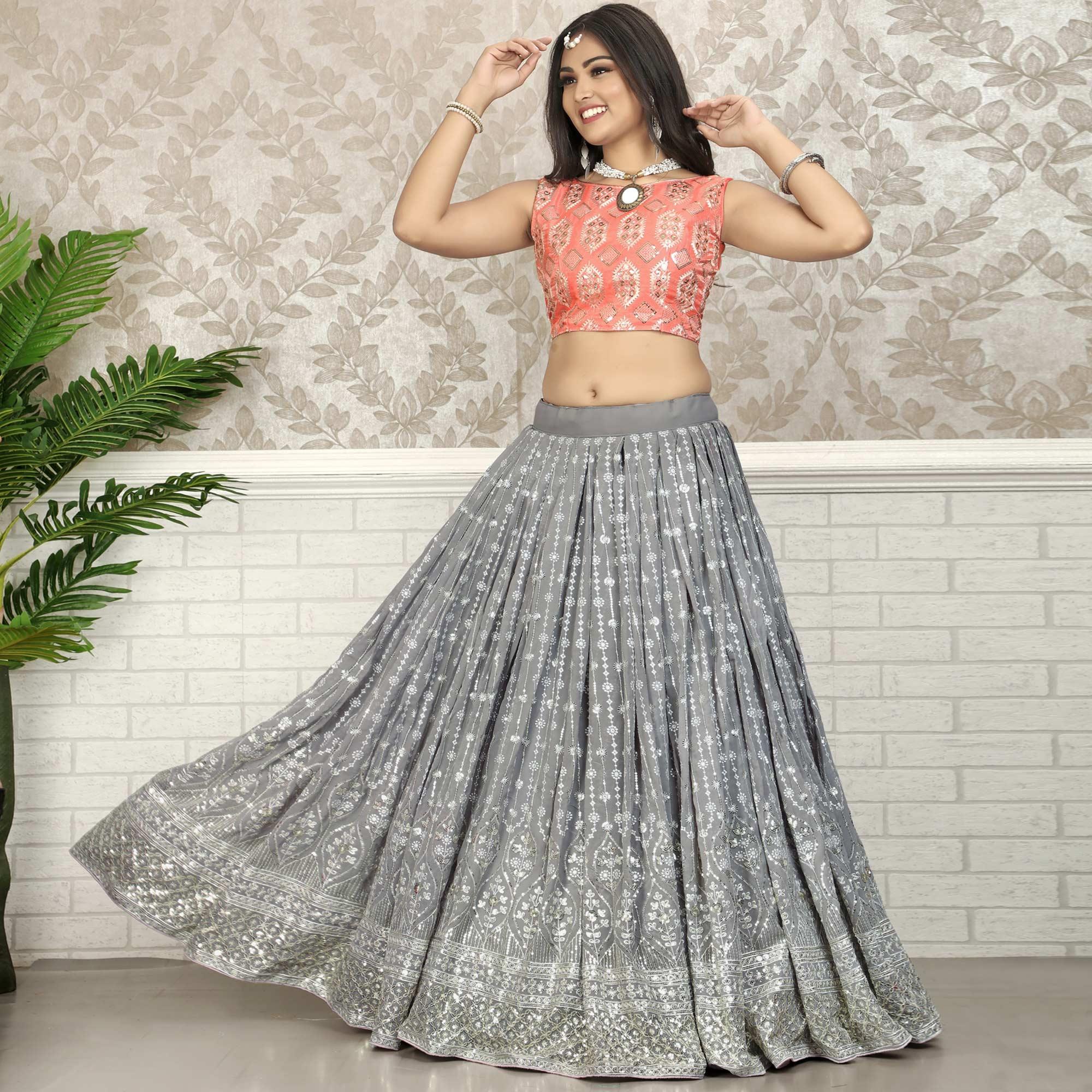 Grey Party Wear Sequence Embroidered Georgette Lehenga Choli - Peachmode
