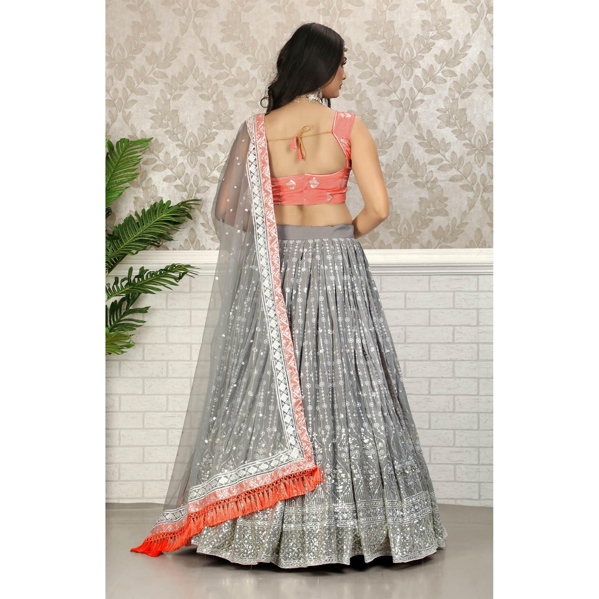 Grey Party Wear Sequence Embroidered Georgette Lehenga Choli - Peachmode