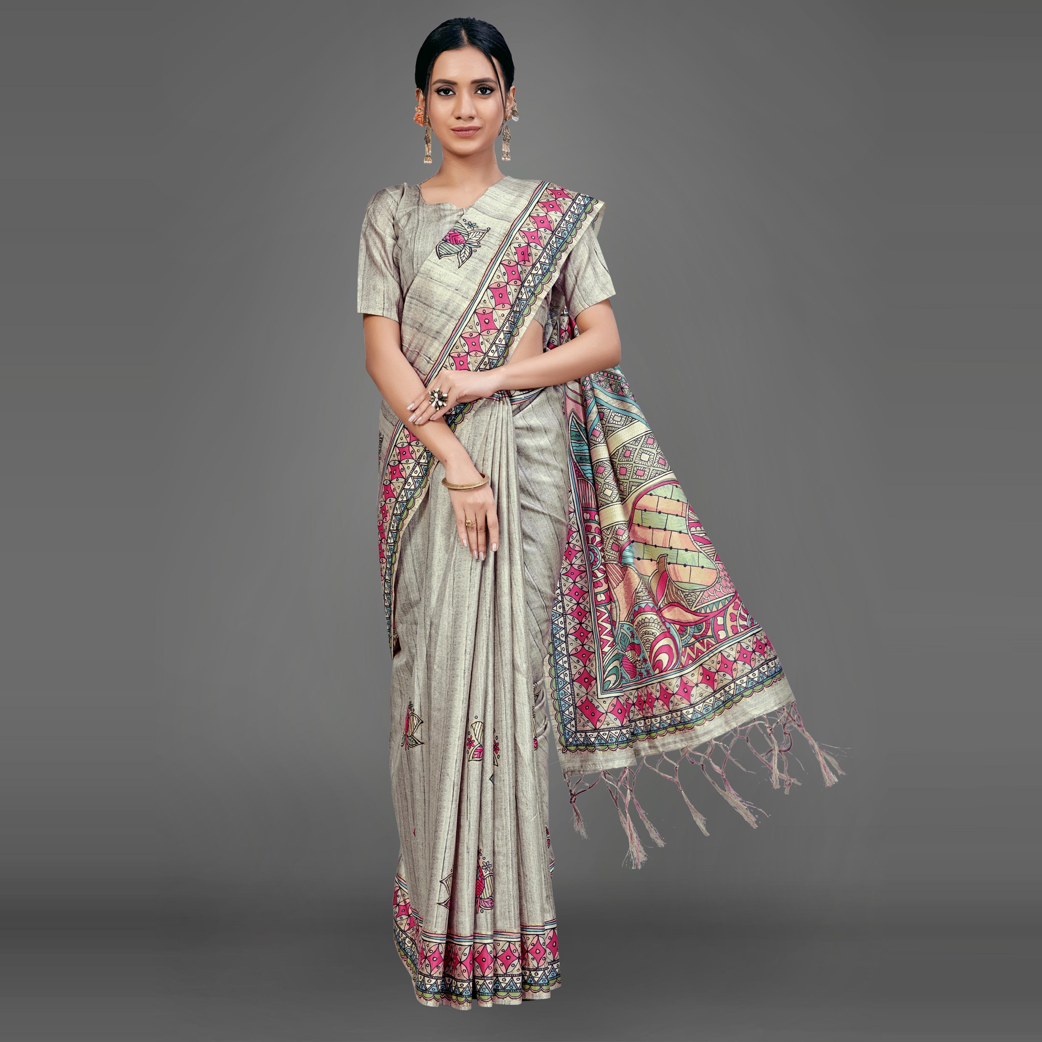 Grey Party Wear Silk Blend Floral Print Saree With Unstitched Blouse - Peachmode