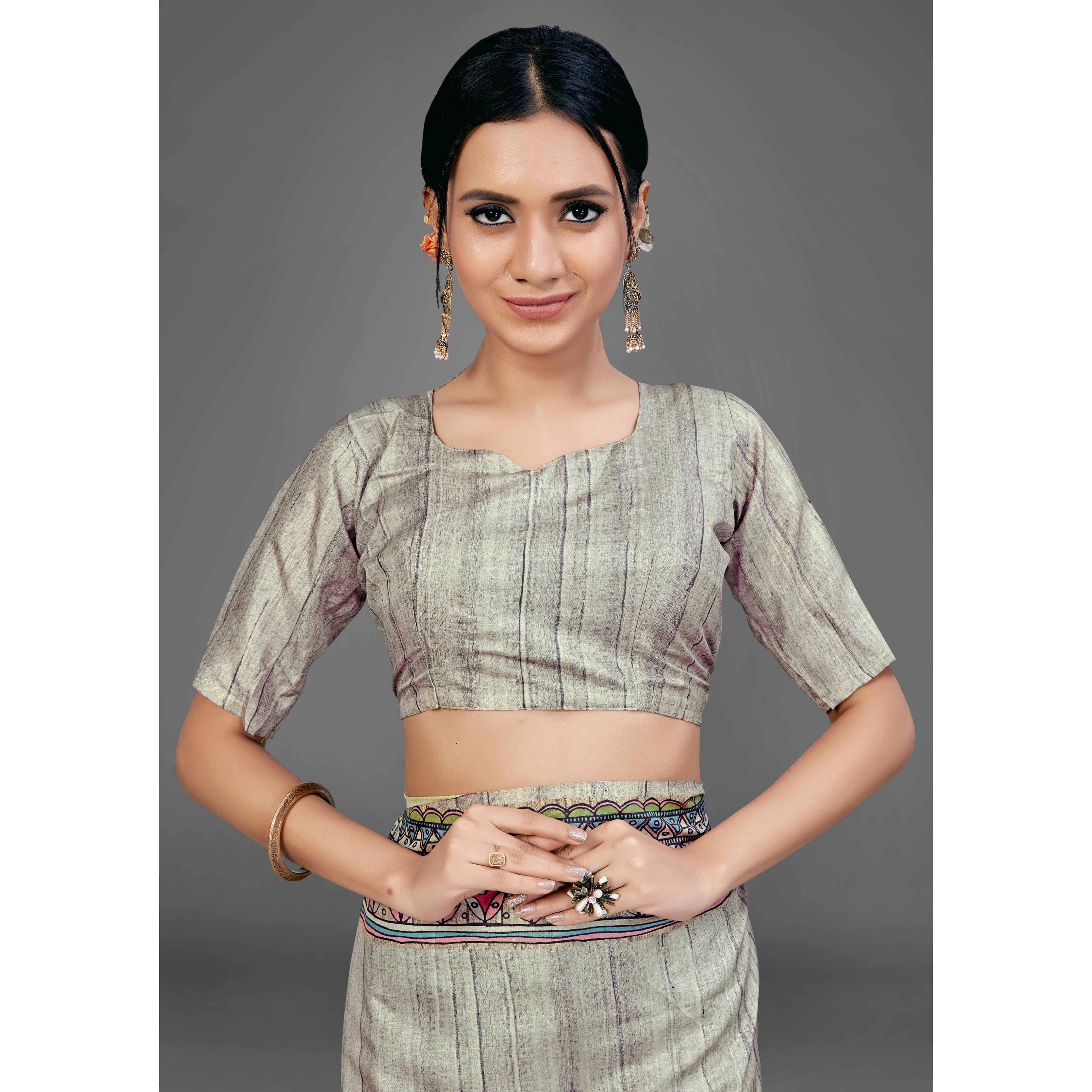 Grey Party Wear Silk Blend Floral Print Saree With Unstitched Blouse - Peachmode