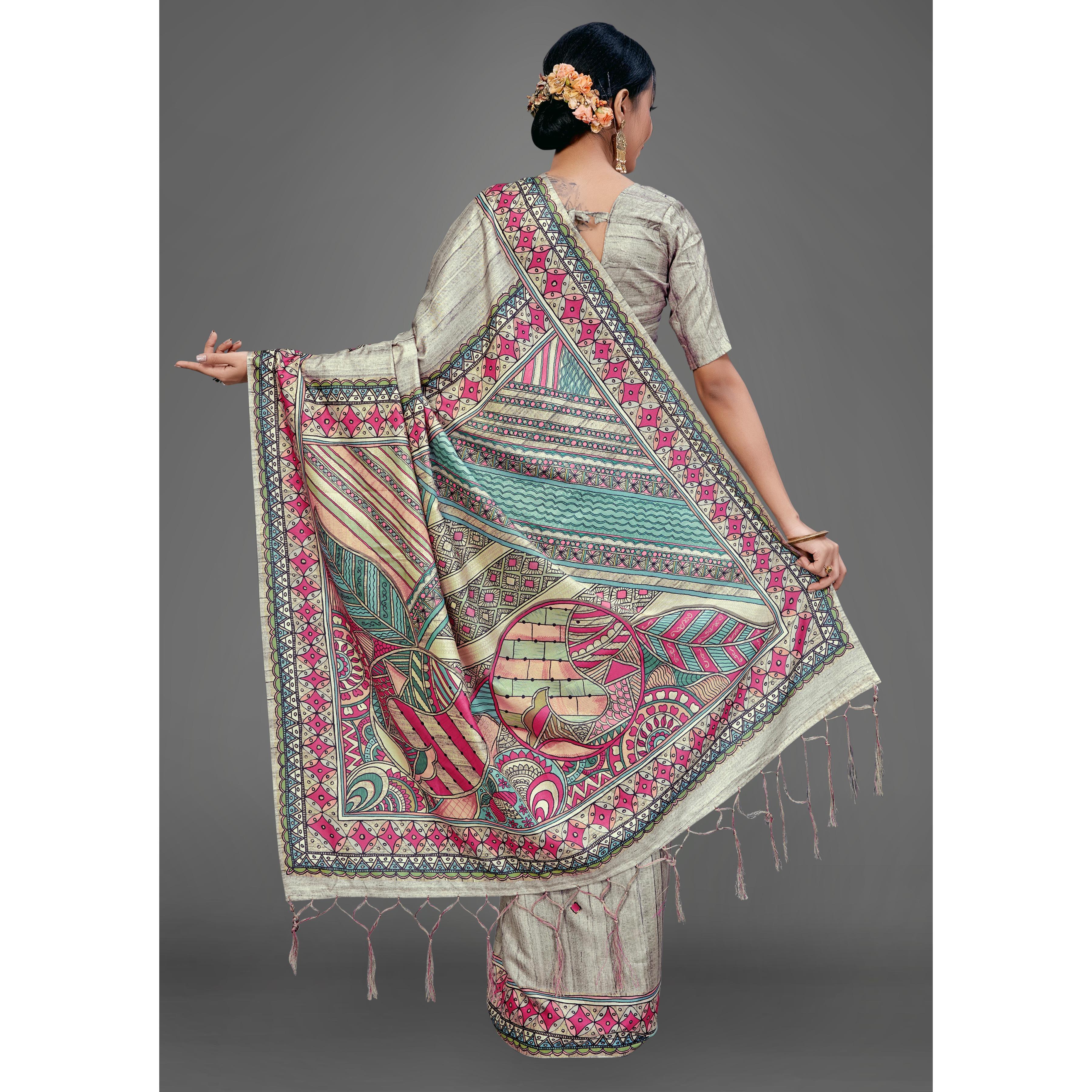 Grey Party Wear Silk Blend Floral Print Saree With Unstitched Blouse - Peachmode