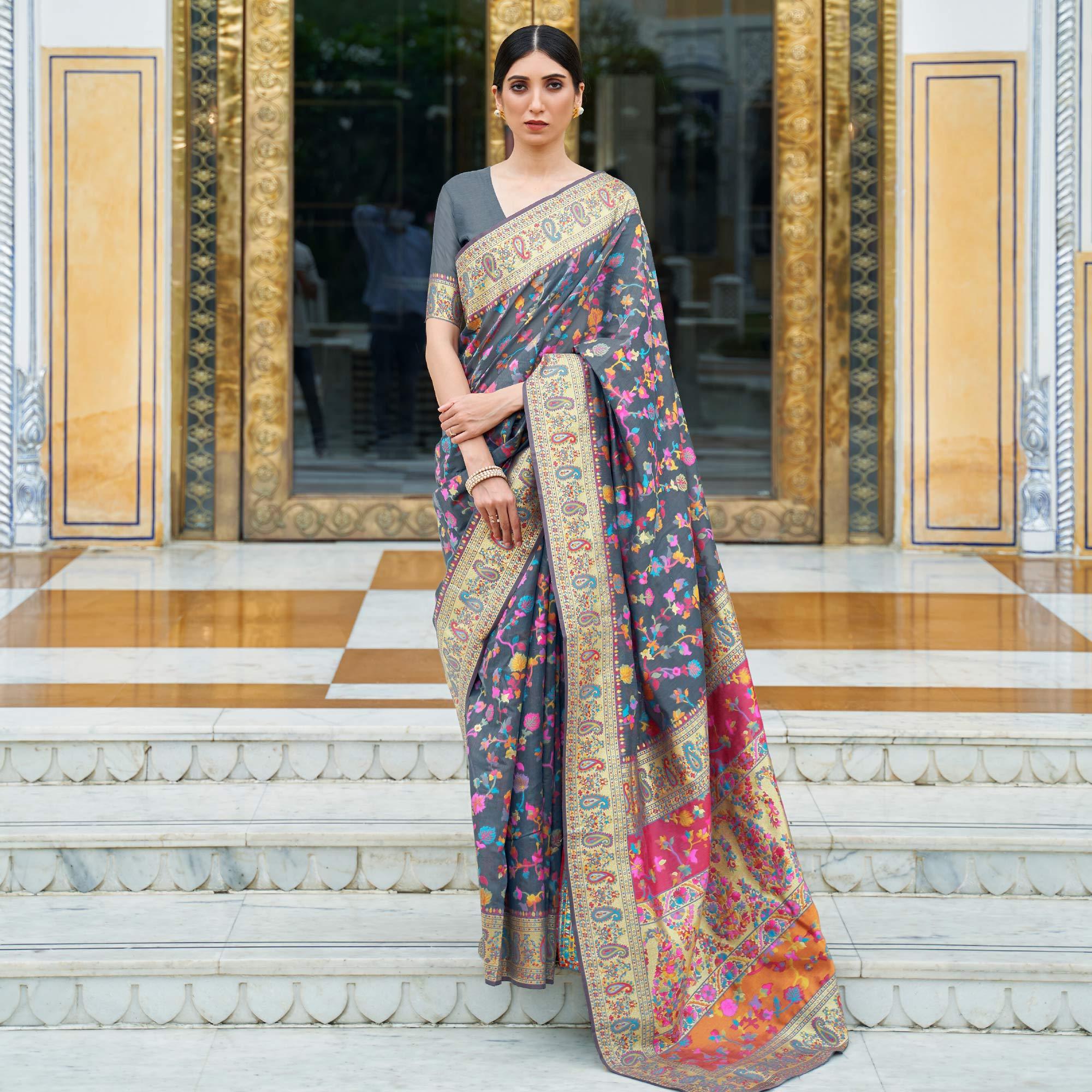 Grey Party Wear Woven Chanderi Saree - Peachmode