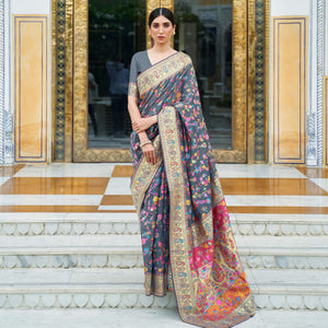 Grey Party Wear Woven Chanderi Saree - Peachmode