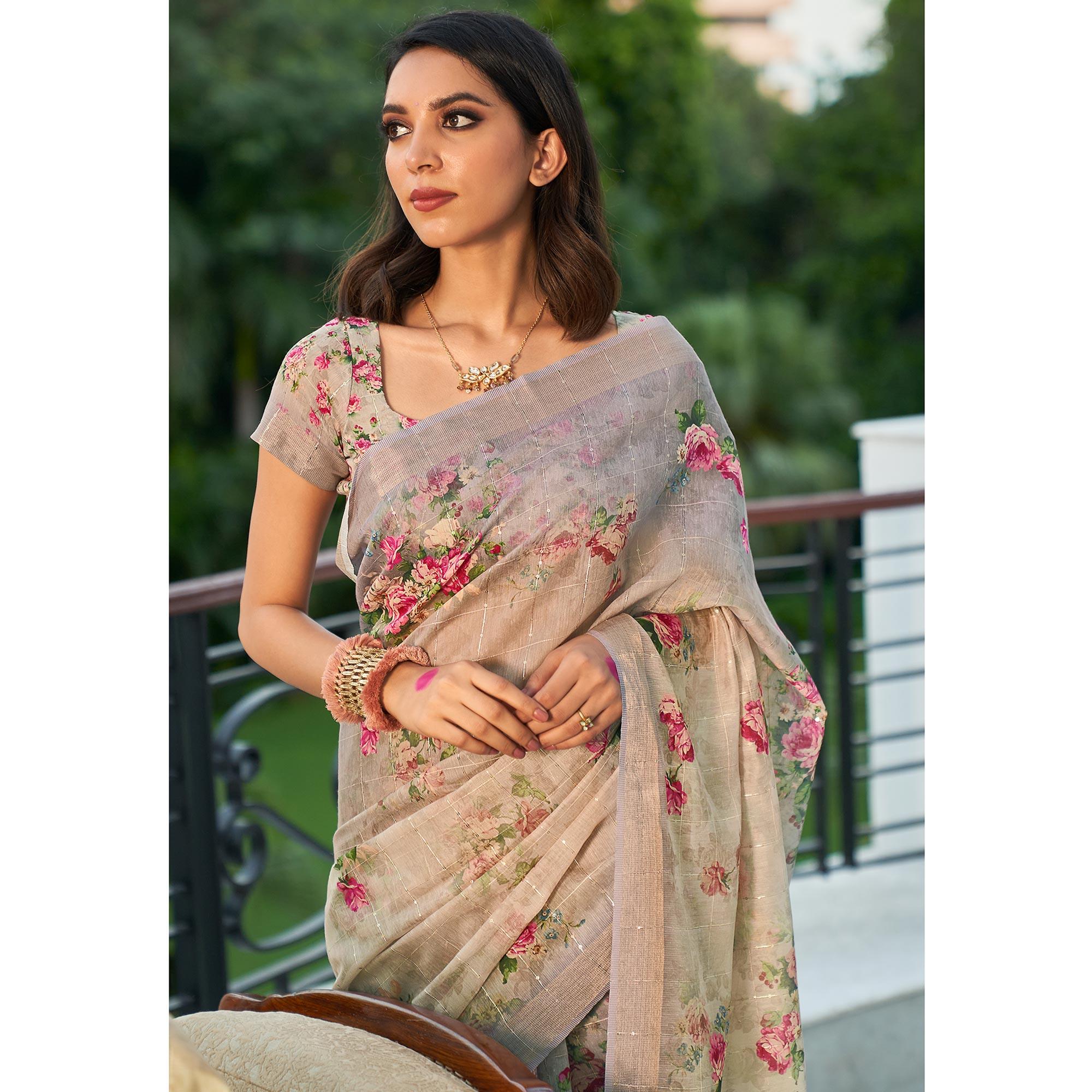 Grey Partywear Digital Printed & Sequence Woven Pure Linen Saree - Peachmode