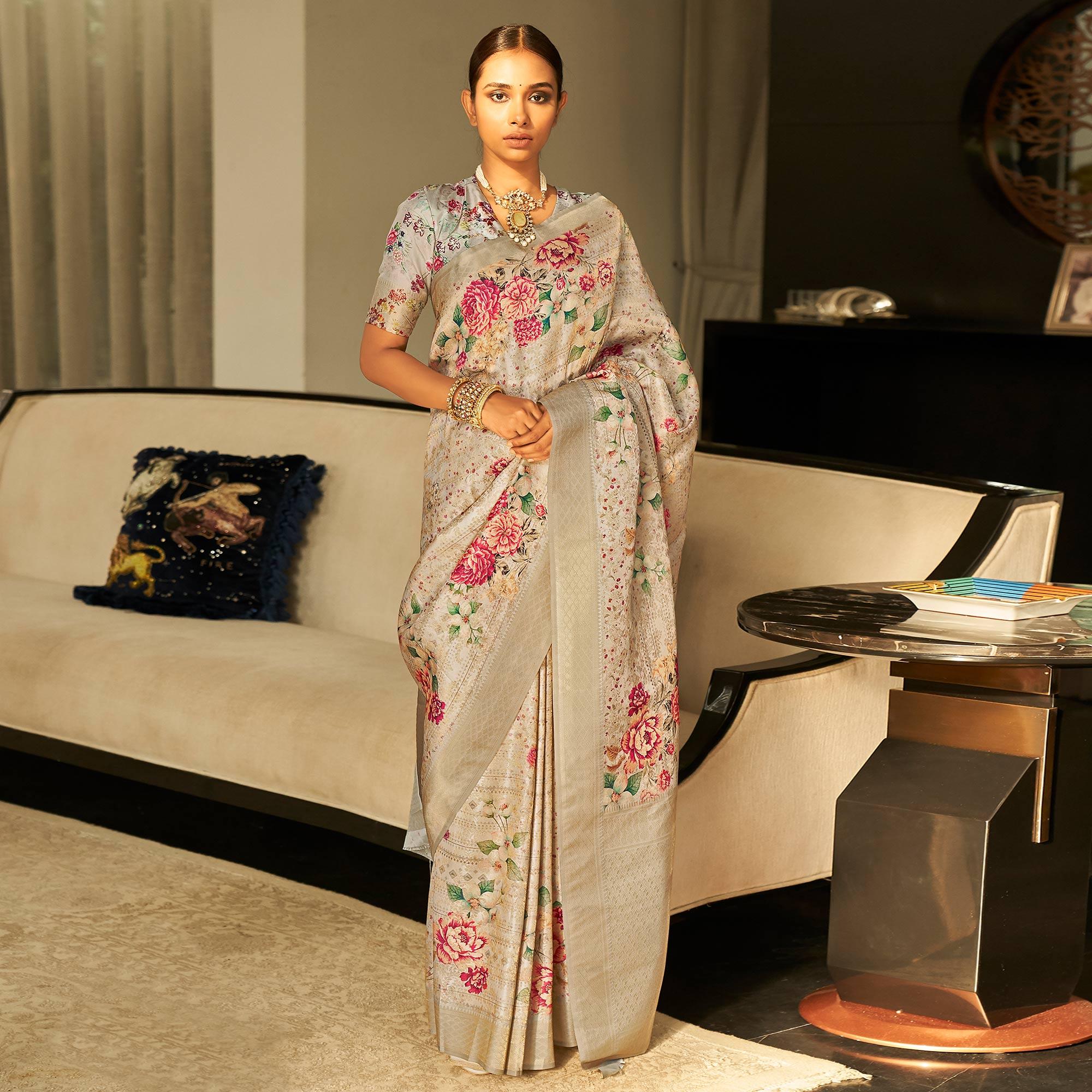 Grey Partywear Digital Printed Silk Saree - Peachmode