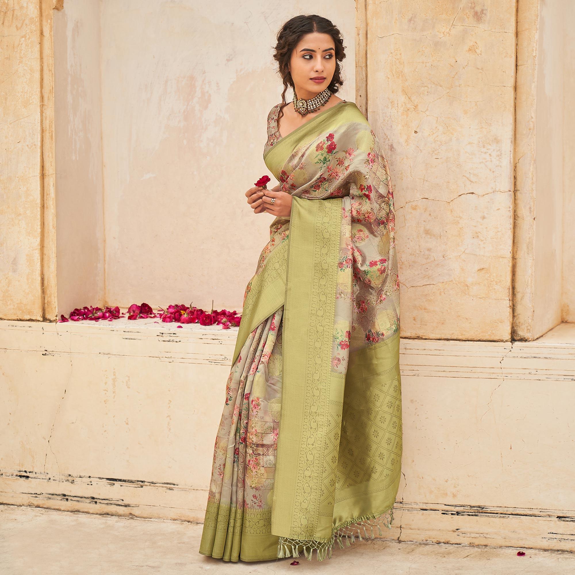 Grey Partywear Digital Printed Silk Saree - Peachmode