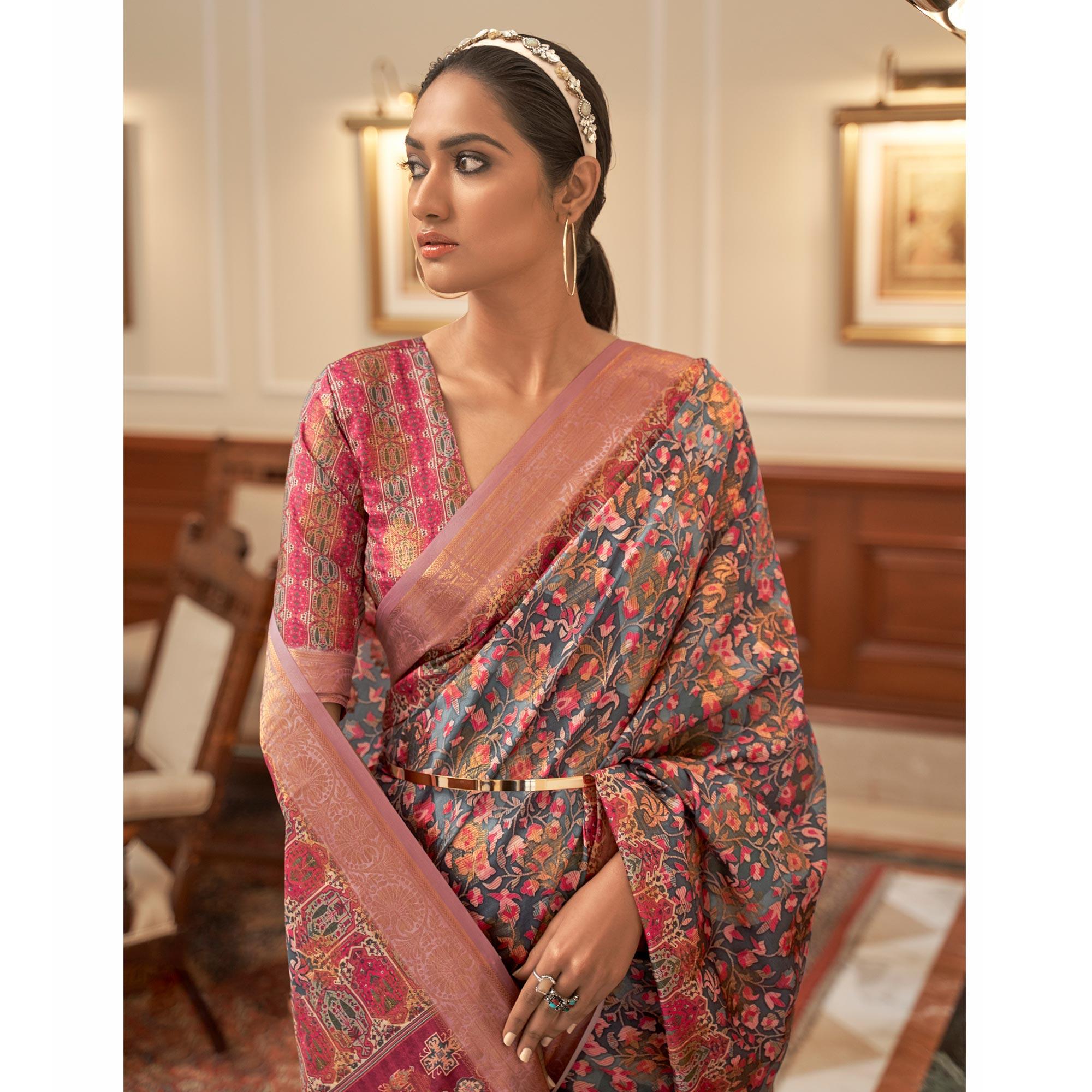 Grey Partywear Digital Printed Silk Saree - Peachmode