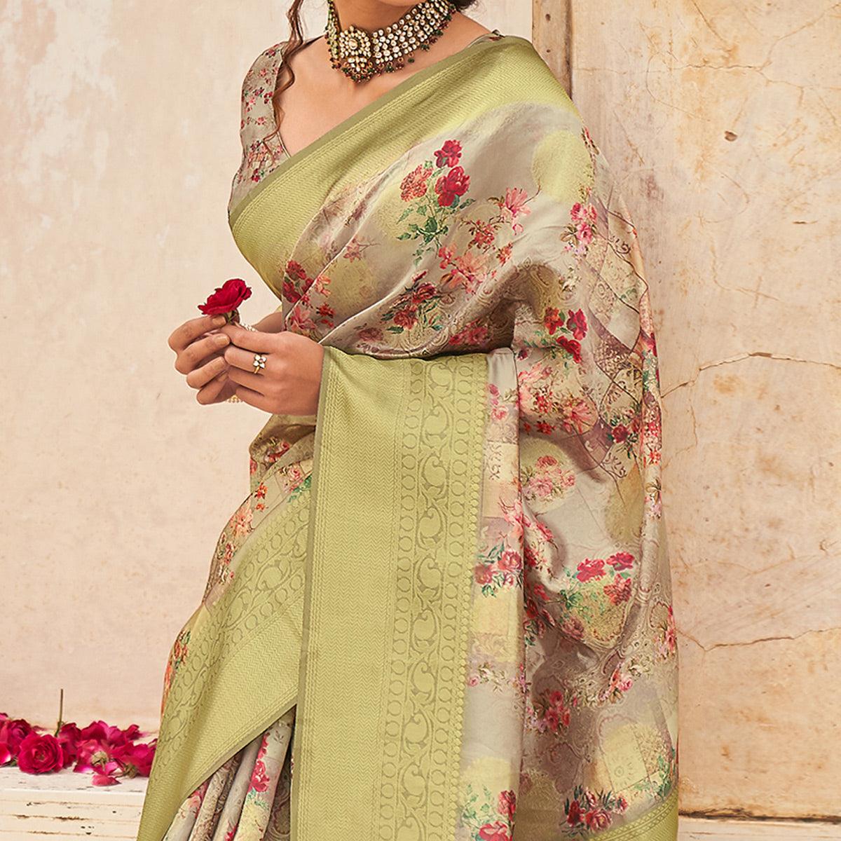 Grey Partywear Digital Printed Silk Saree - Peachmode