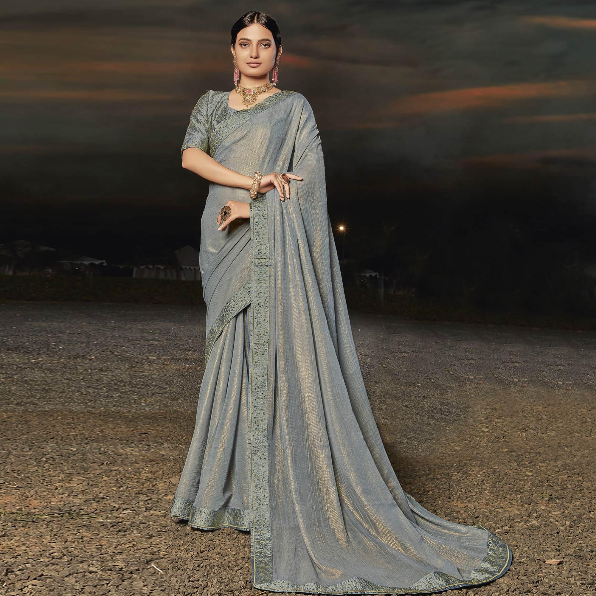 Grey Partywear Embellished Chiffon Saree - Peachmode
