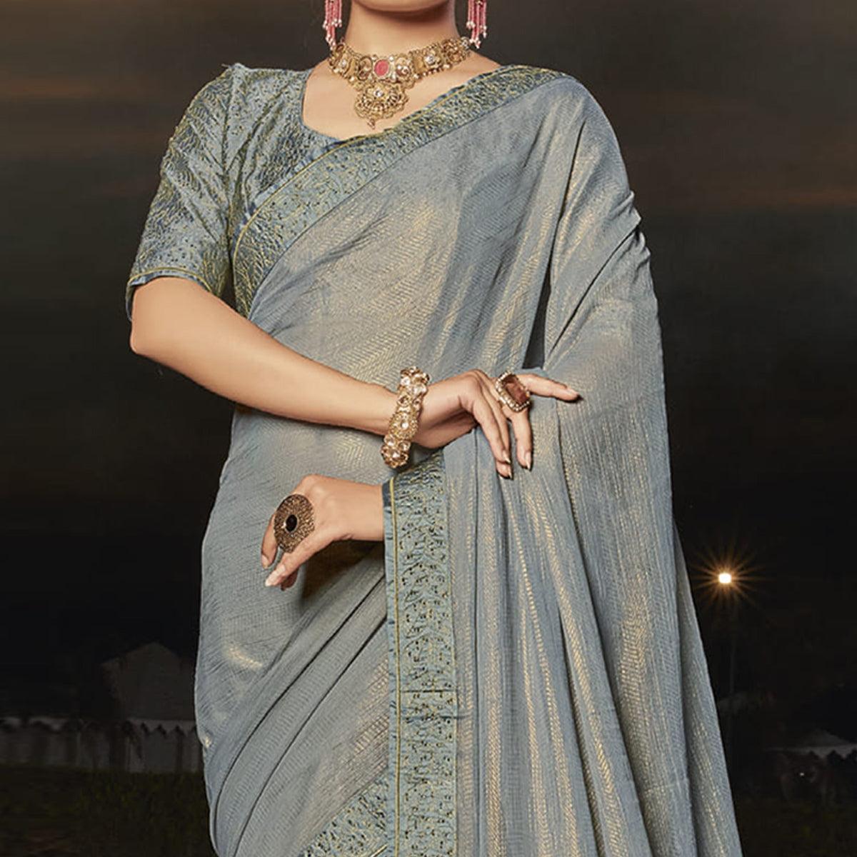 Grey Partywear Embellished Chiffon Saree - Peachmode