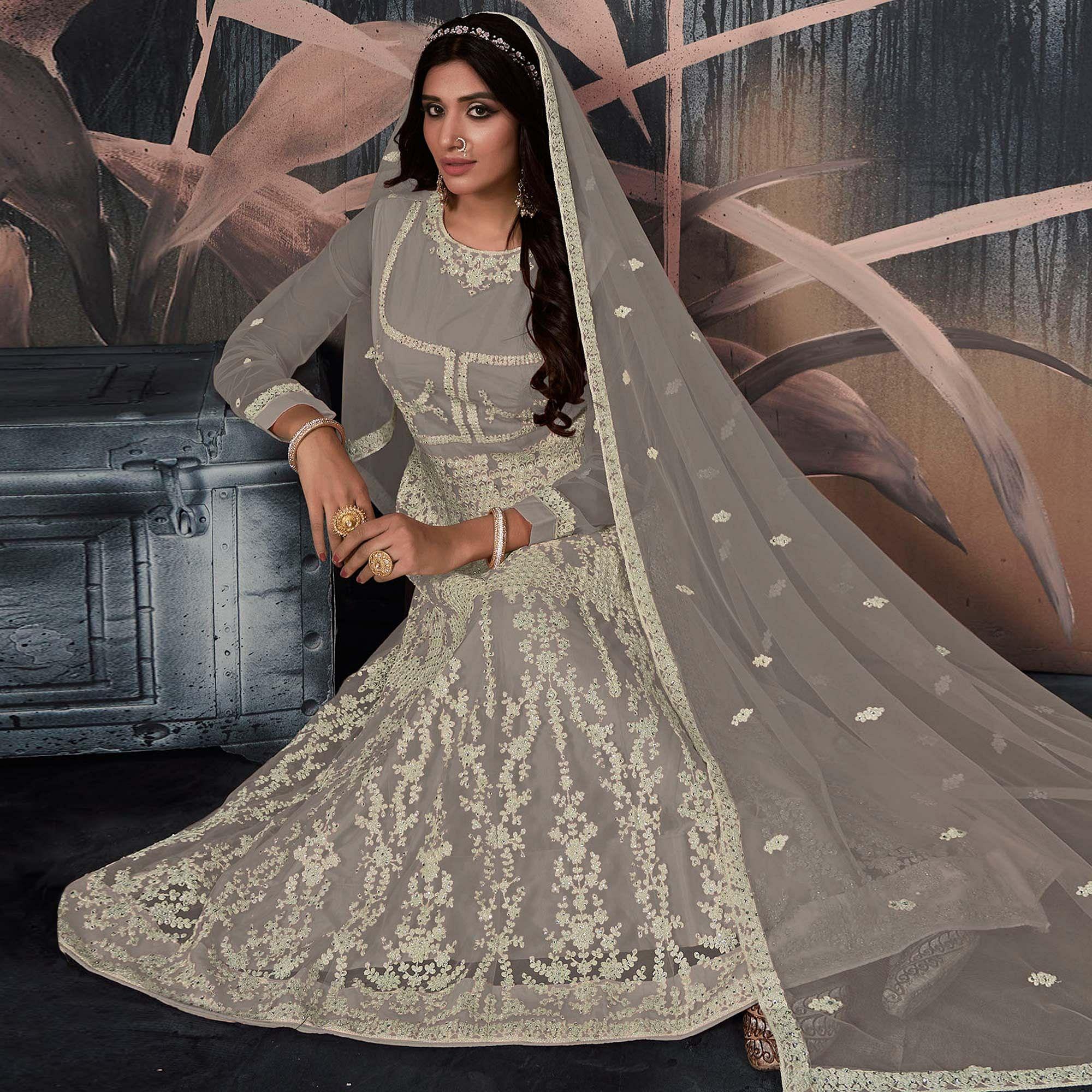 Grey Partywear Embellished With Embroidered Net Gown - Peachmode