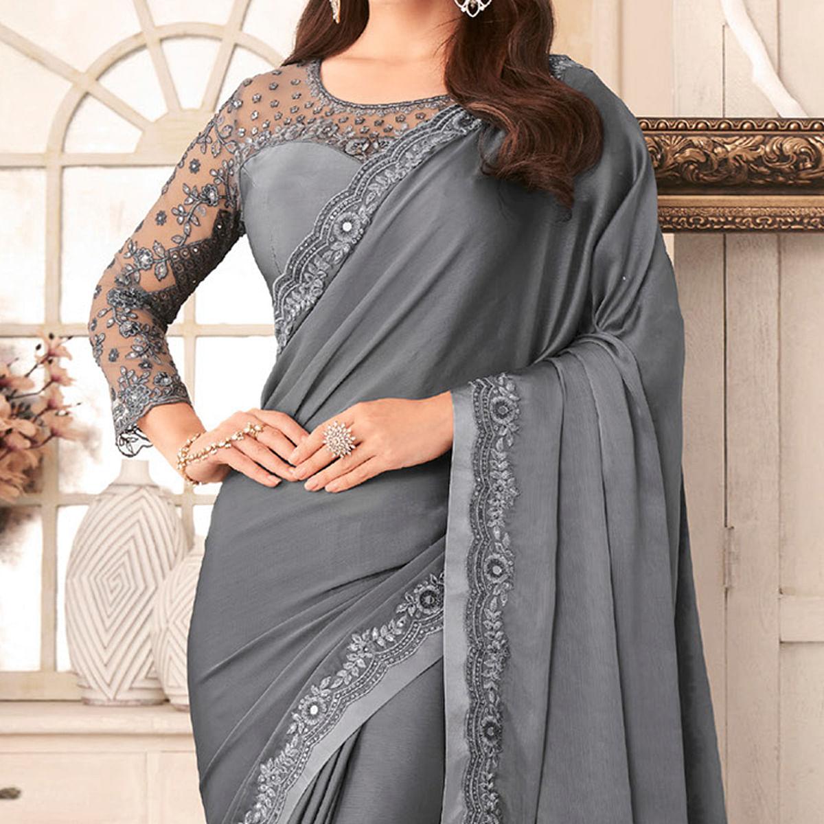 Grey Partywear Embroidered & Embellished Satin Saree - Peachmode