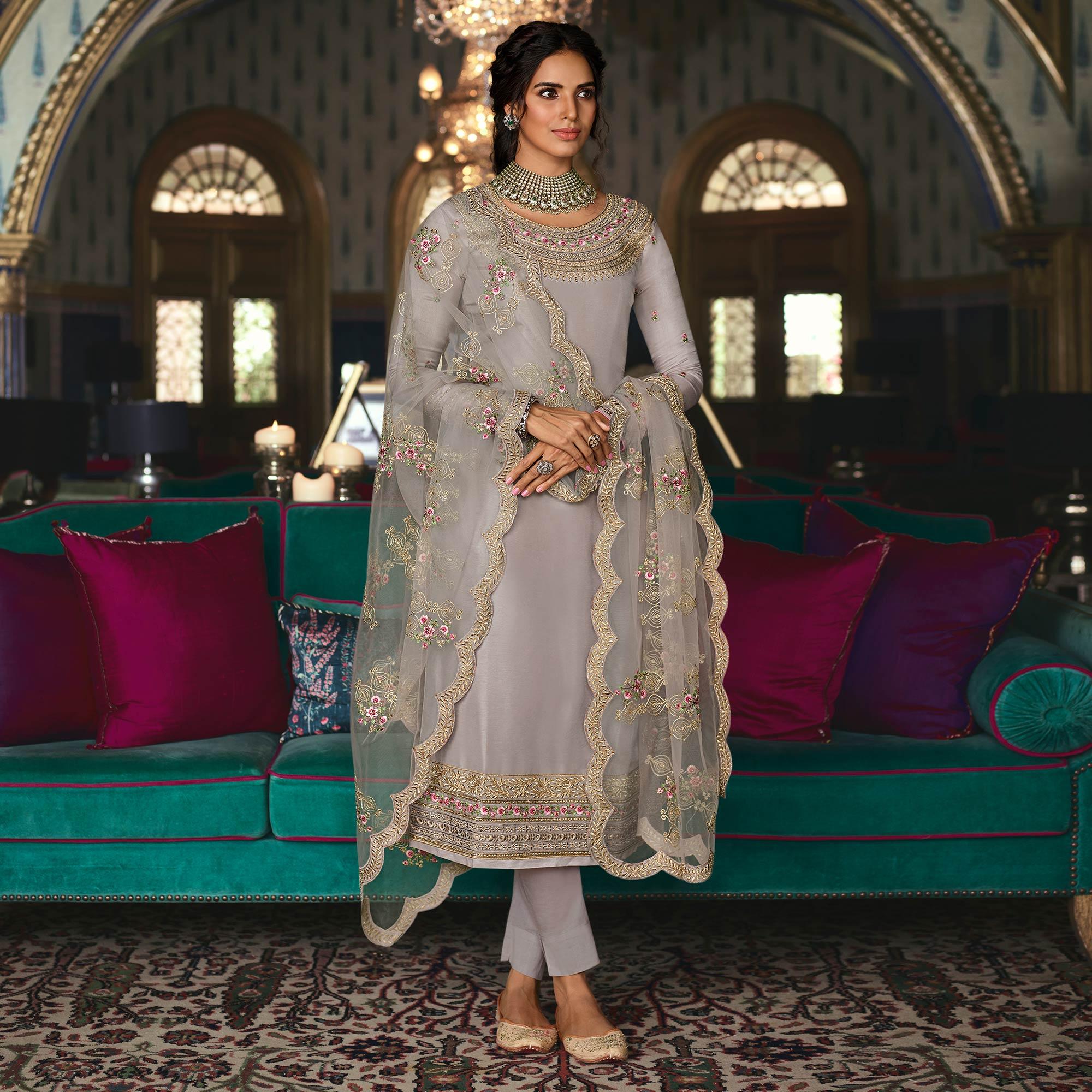 Grey Partywear Embroidered & Swarovski Work Pure Tusser Silk Suit - Peachmode