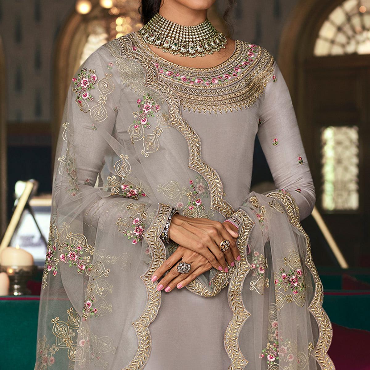 Grey Partywear Embroidered & Swarovski Work Pure Tusser Silk Suit - Peachmode