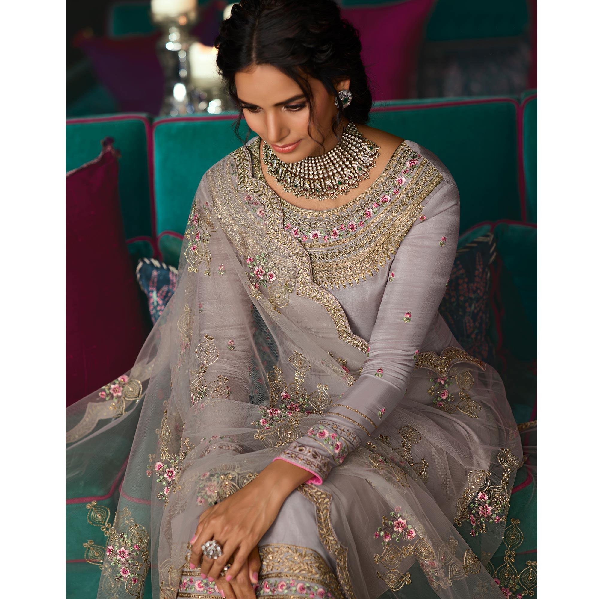 Grey Partywear Embroidered & Swarovski Work Pure Tusser Silk Suit - Peachmode