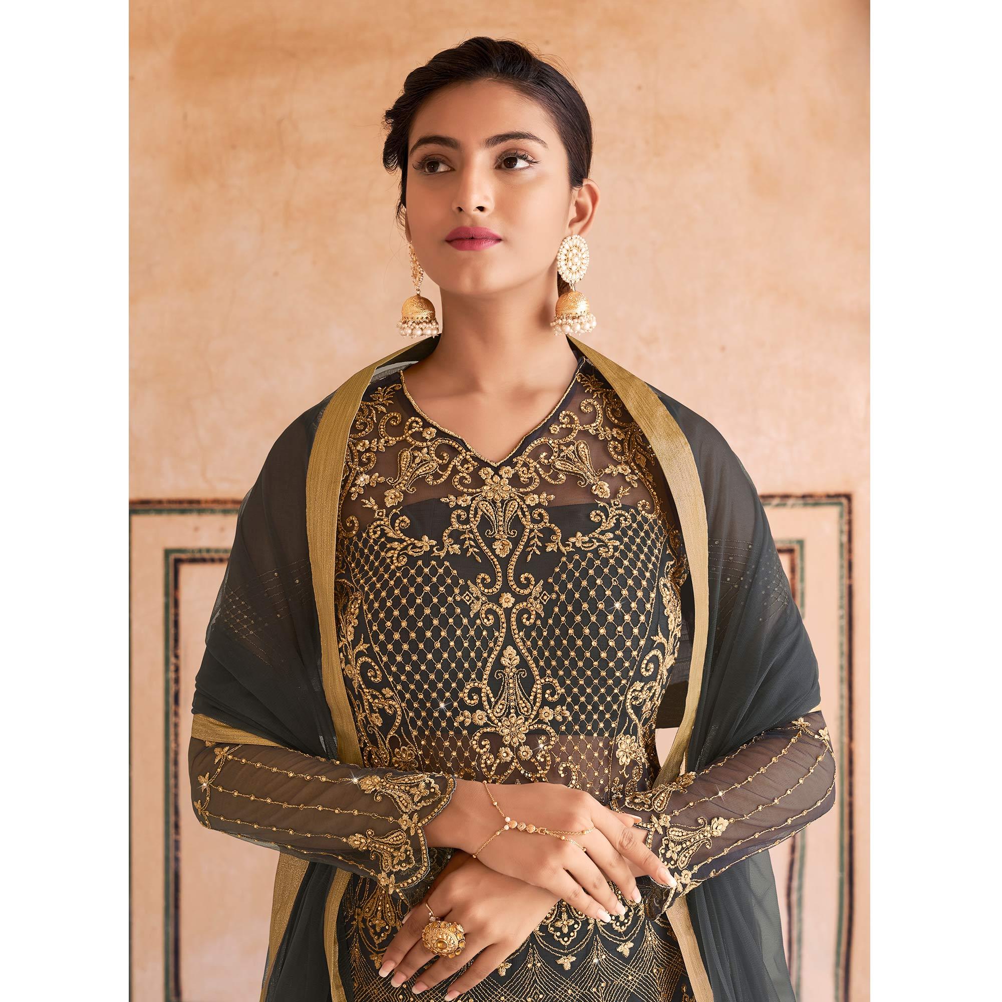 Grey Partywear Embroidered & Swarovski Work Soft Net Gown - Peachmode