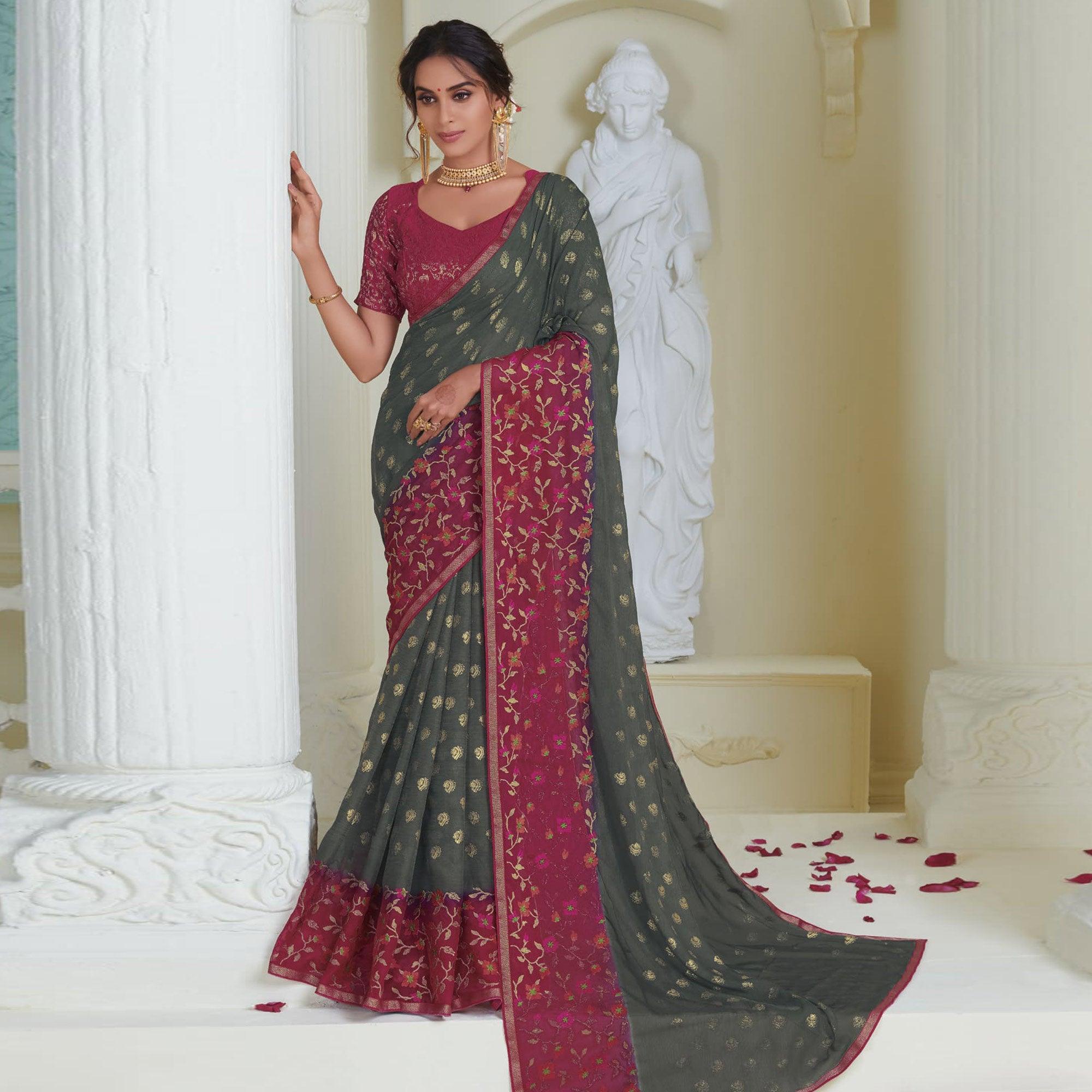 Grey Partywear Embroidered Chiffon Saree - Peachmode