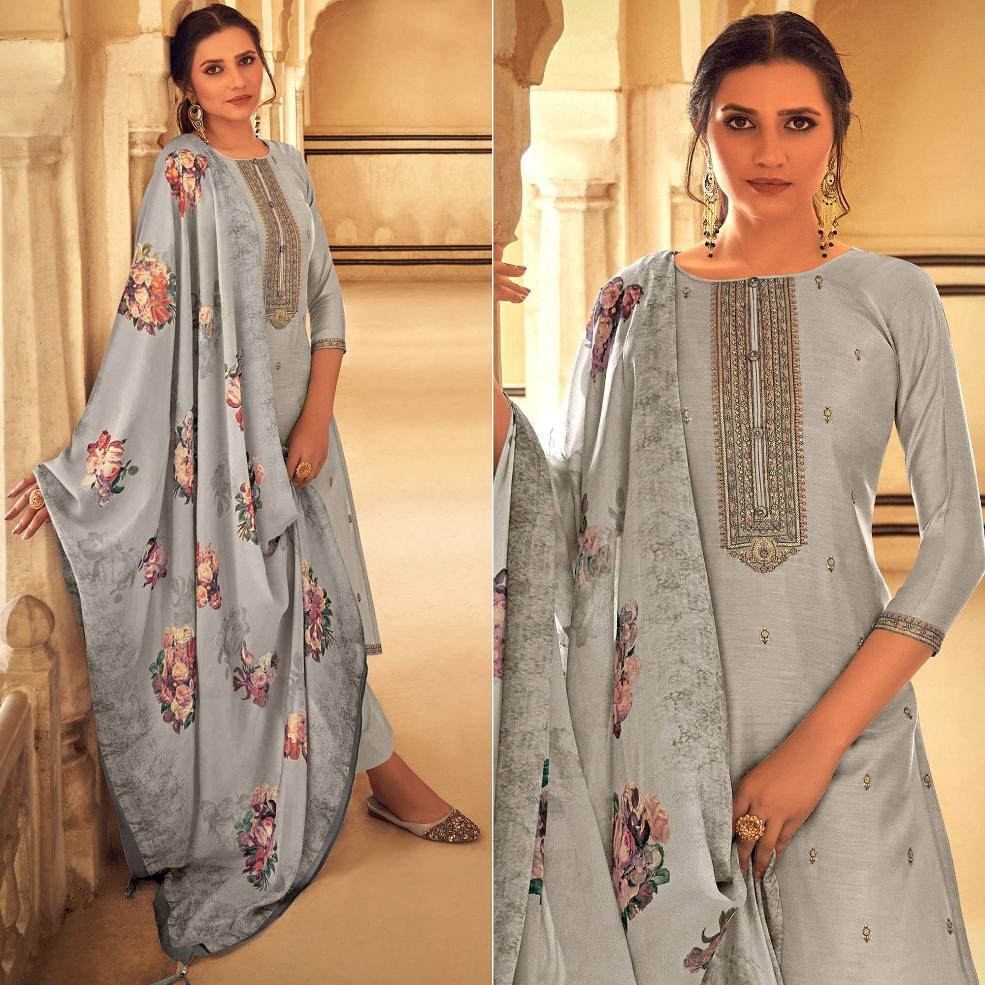 Grey Partywear Embroidered Cotton Silk Suit - Peachmode
