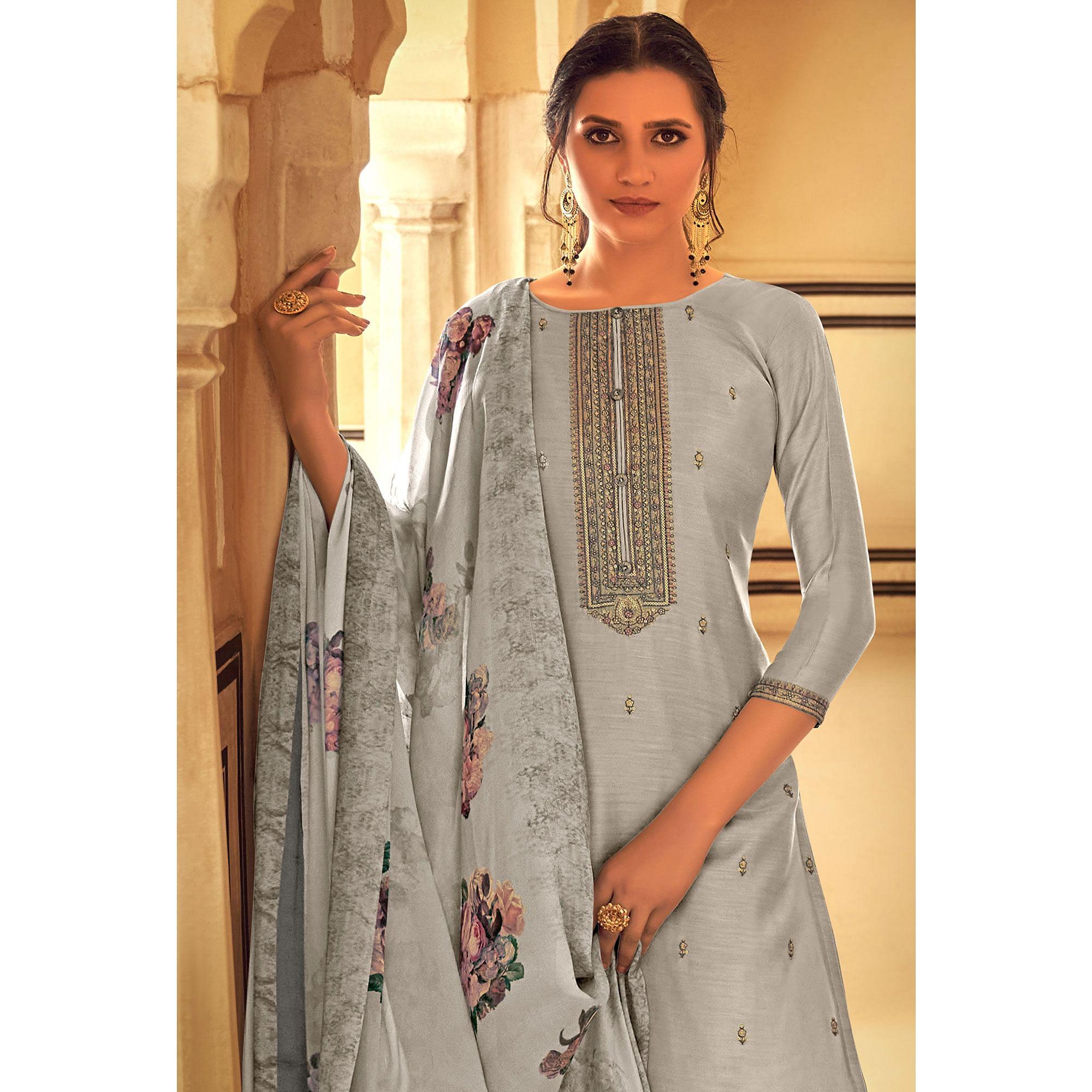 Grey Partywear Embroidered Cotton Silk Suit - Peachmode