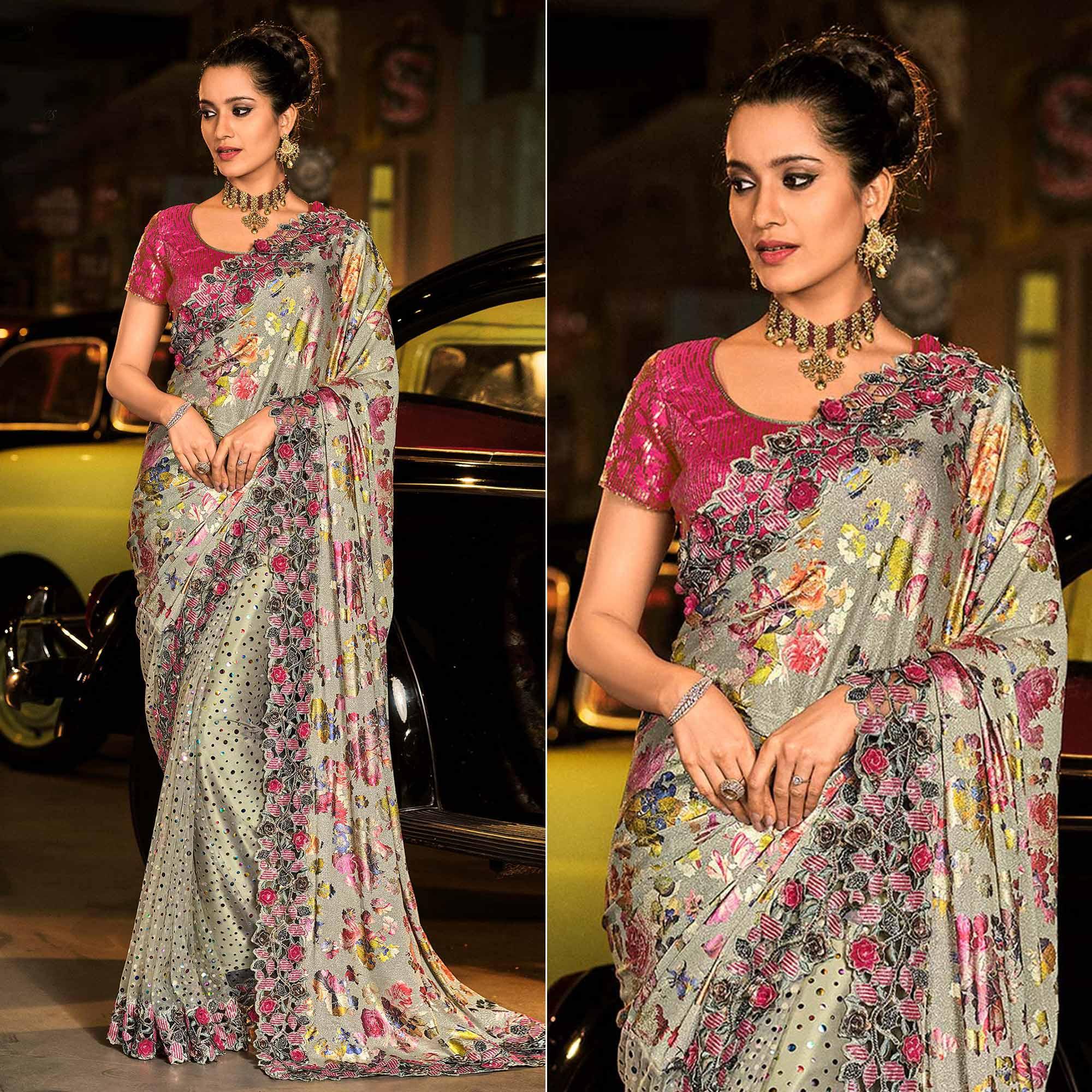 Grey Partywear Embroidered Embellished Net Saree - Peachmode