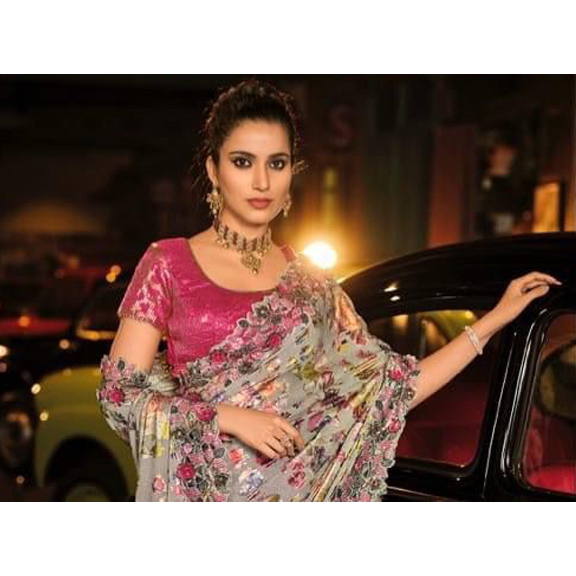 Grey Partywear Embroidered Embellished Net Saree - Peachmode