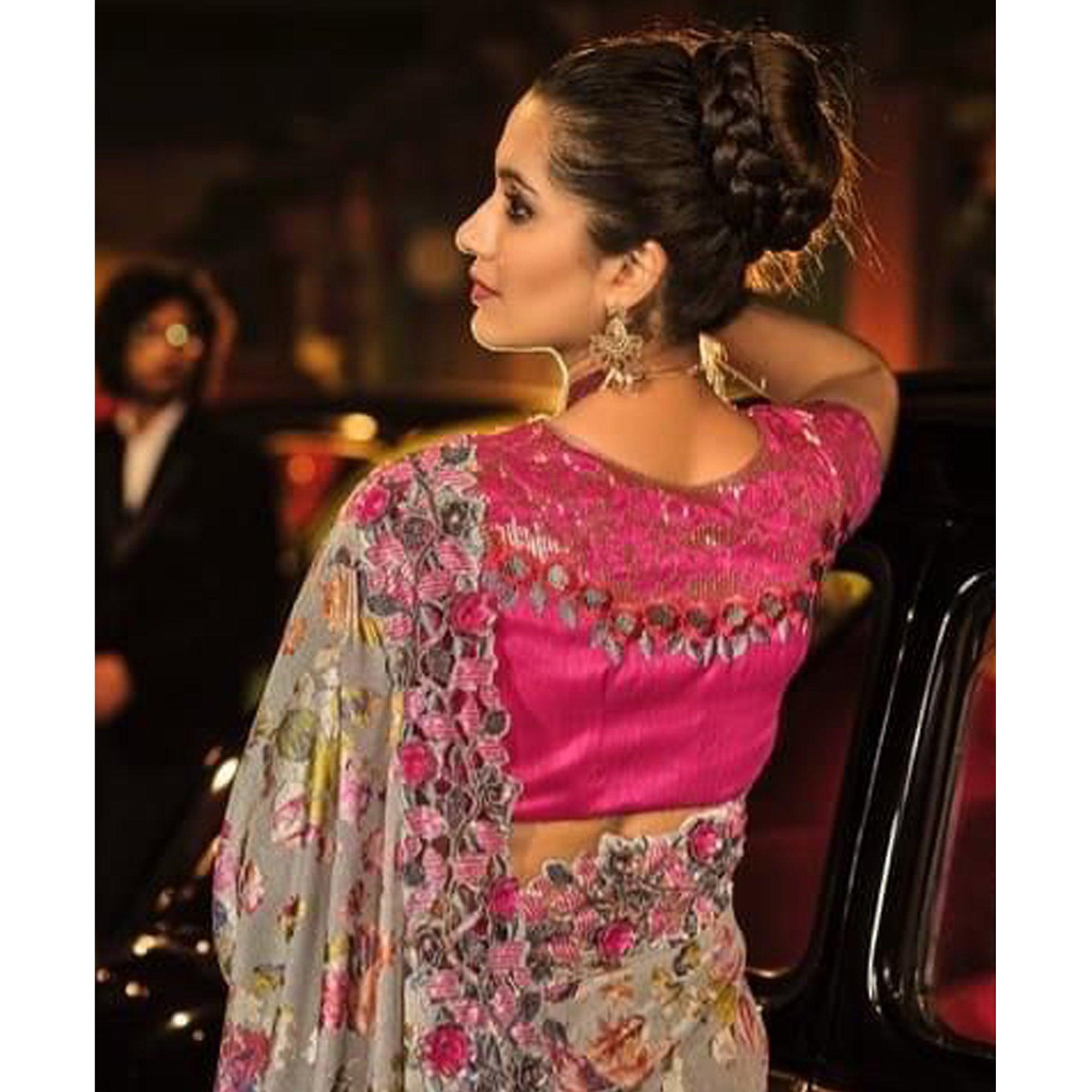 Grey Partywear Embroidered Embellished Net Saree - Peachmode