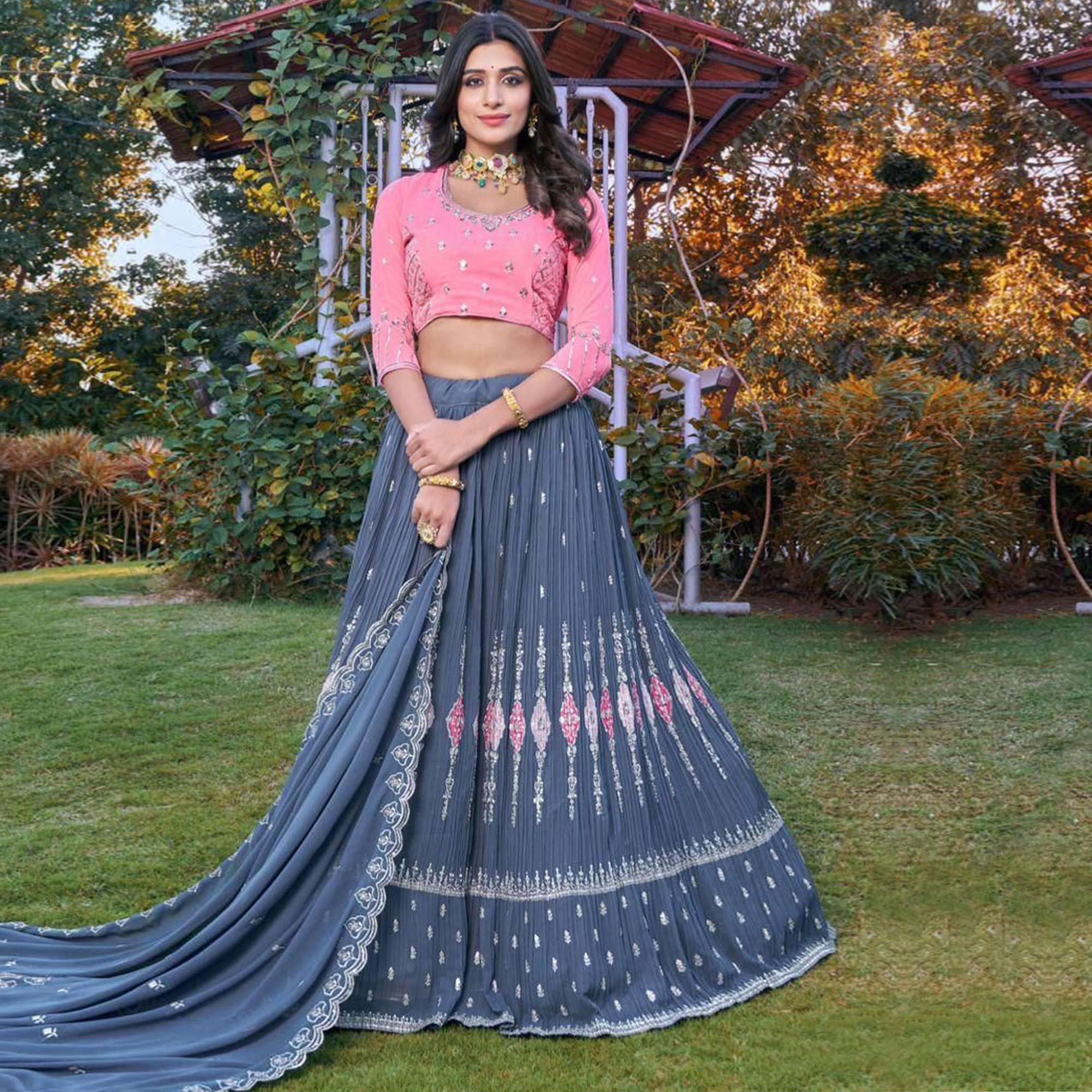 Grey Partywear Embroidered Georgette Lehenga Choli - Peachmode