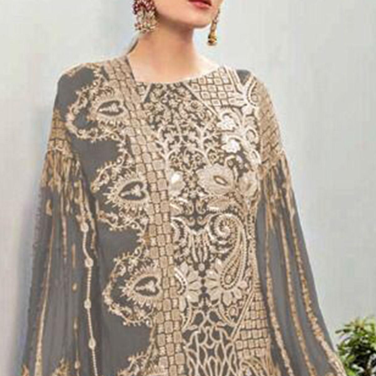 Grey Partywear Embroidered Georgette Pakistani Suit - Peachmode