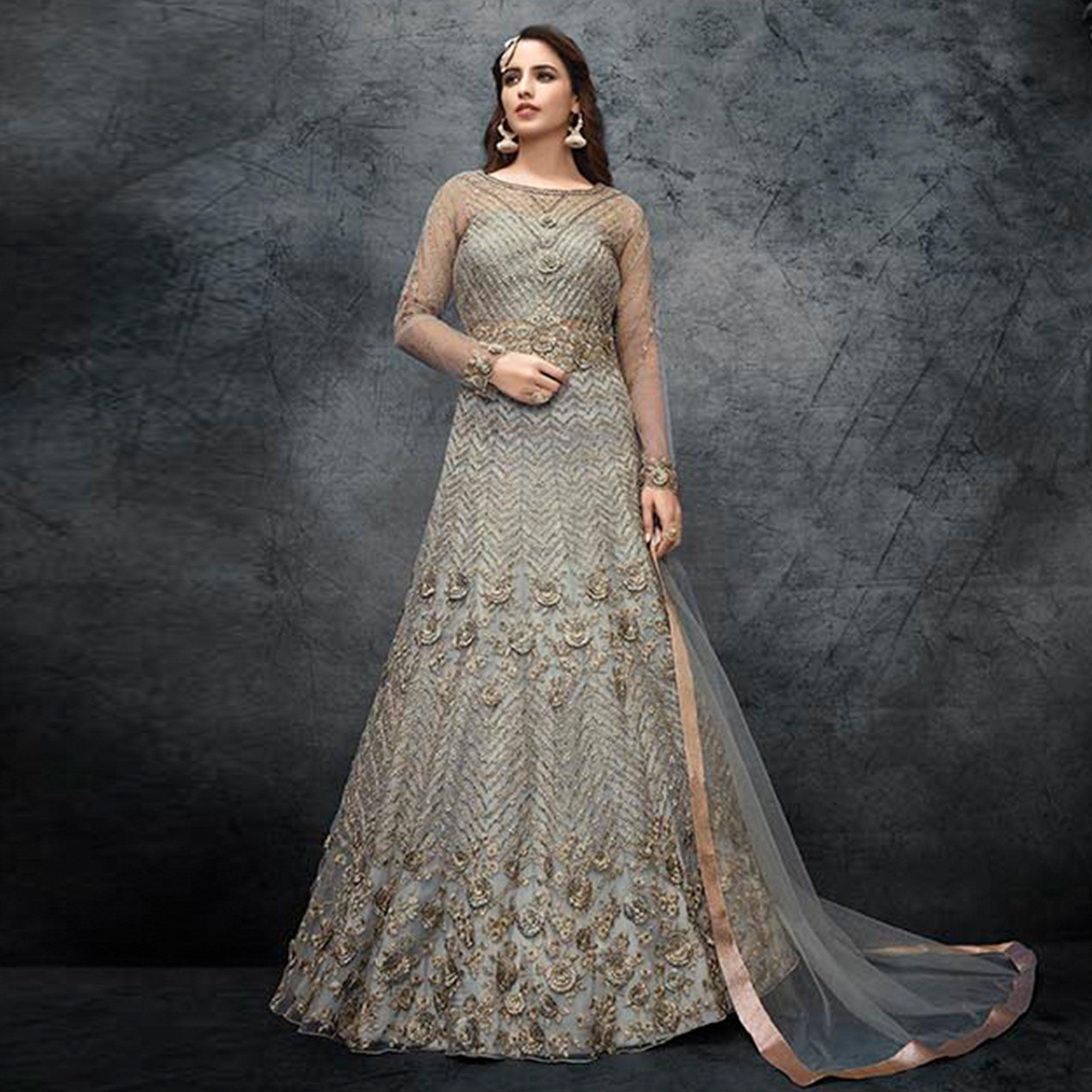 Grey Partywear Embroidered Handwork Soft Net Gown - Peachmode