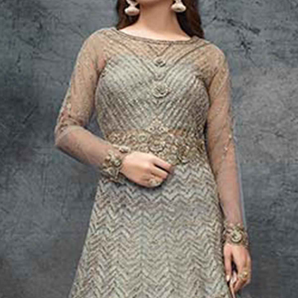Grey Partywear Embroidered Handwork Soft Net Gown - Peachmode