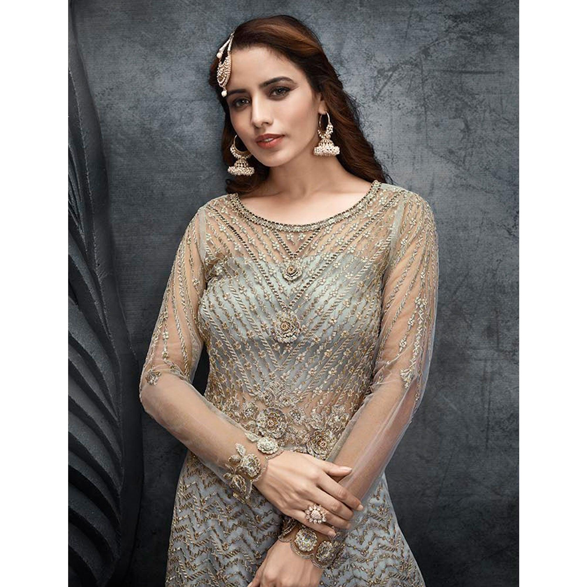 Grey Partywear Embroidered Handwork Soft Net Gown - Peachmode