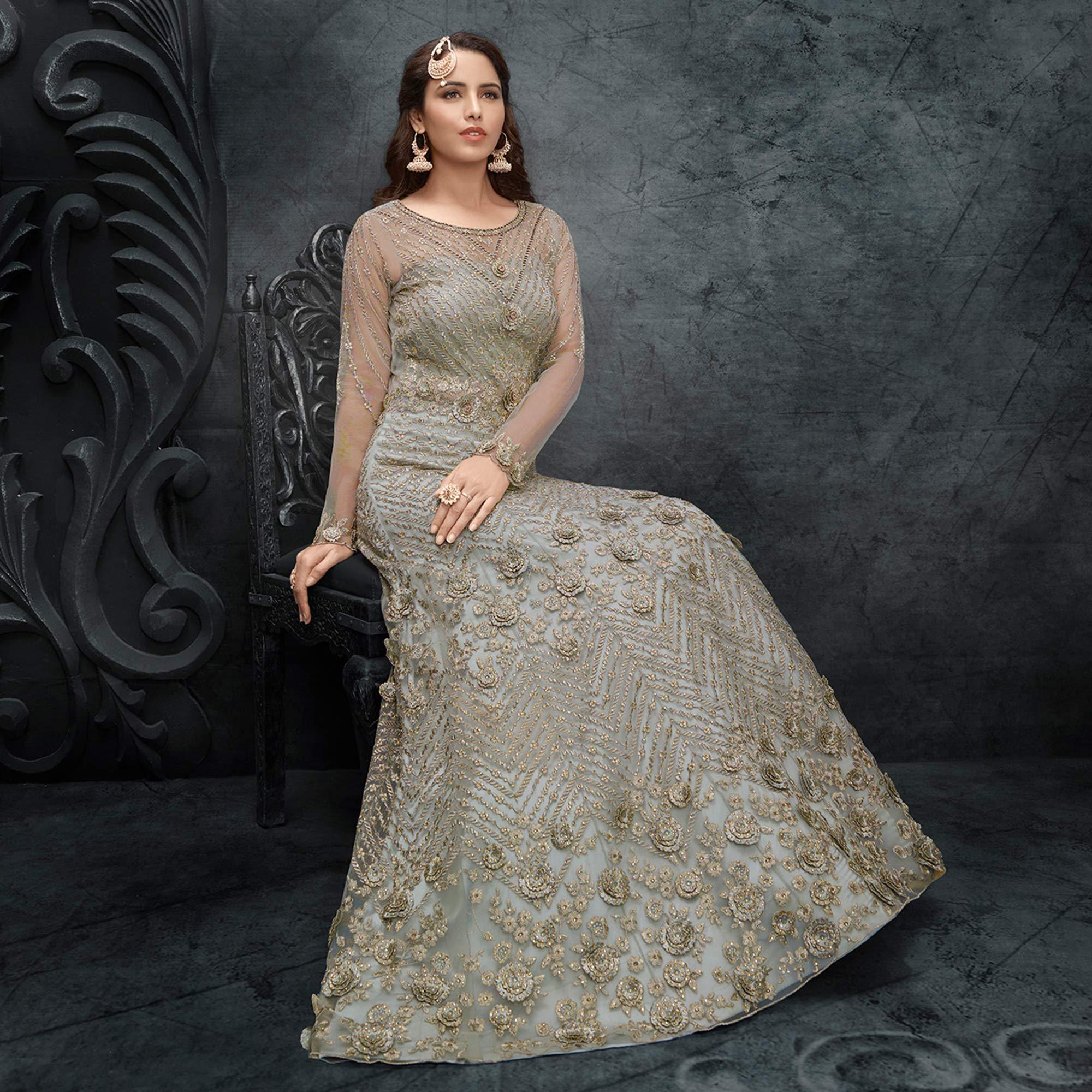 Grey Partywear Embroidered Handwork Soft Net Gown - Peachmode