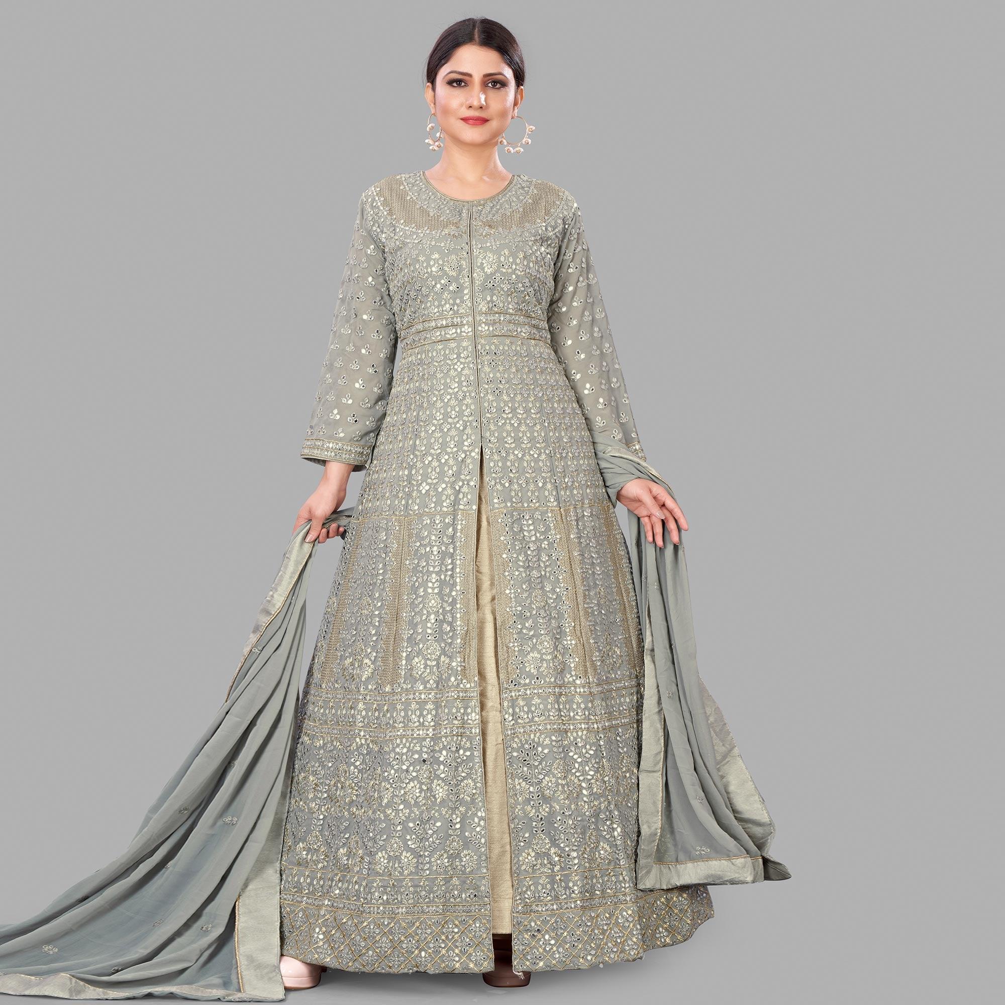 Grey Partywear Embroidered Heavy Faux Georgette A line Anarkali suit - Peachmode