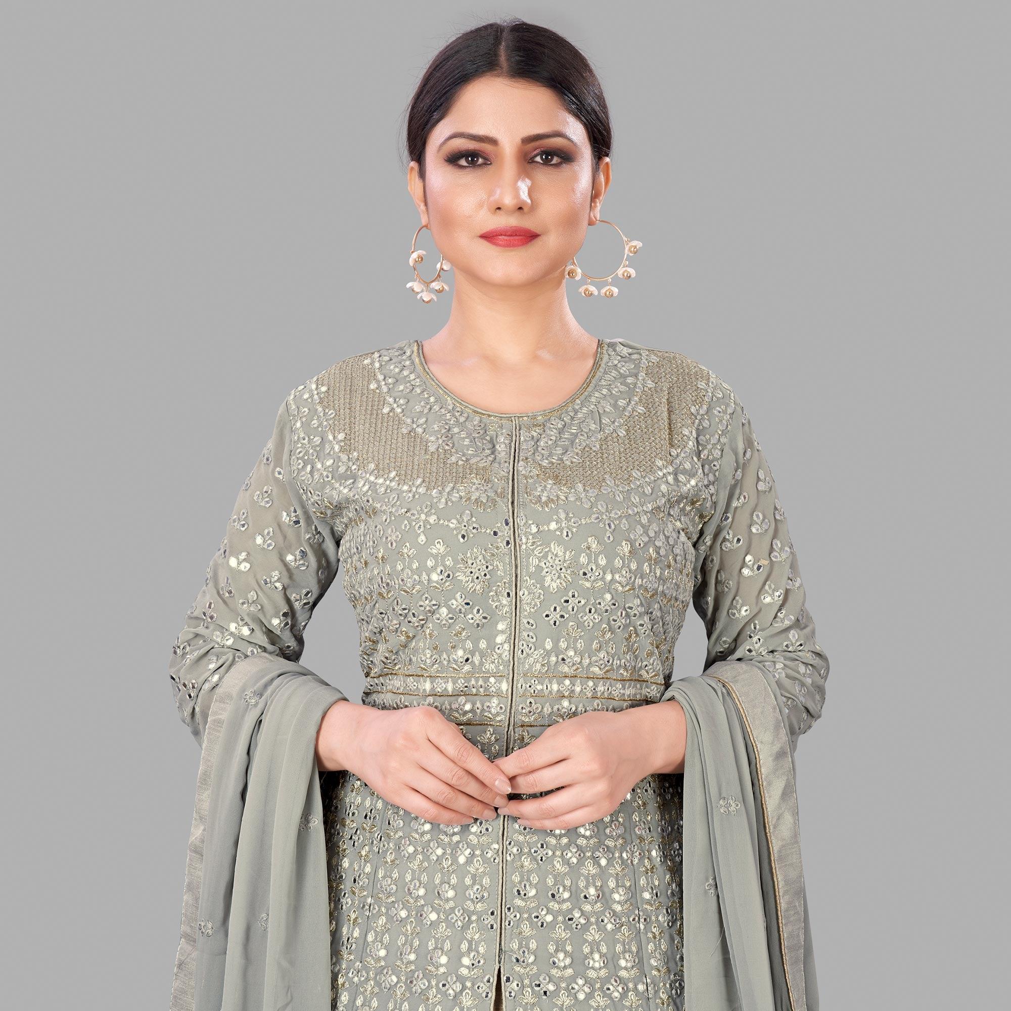 Grey Partywear Embroidered Heavy Faux Georgette A line Anarkali suit - Peachmode