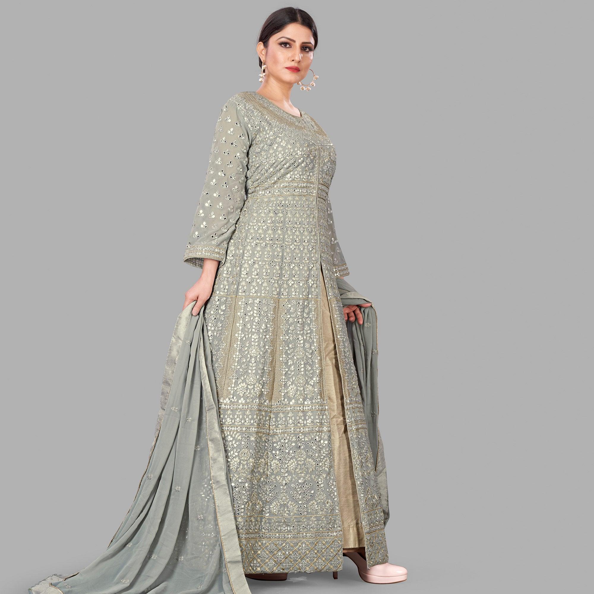 Grey Partywear Embroidered Heavy Faux Georgette A line Anarkali suit - Peachmode