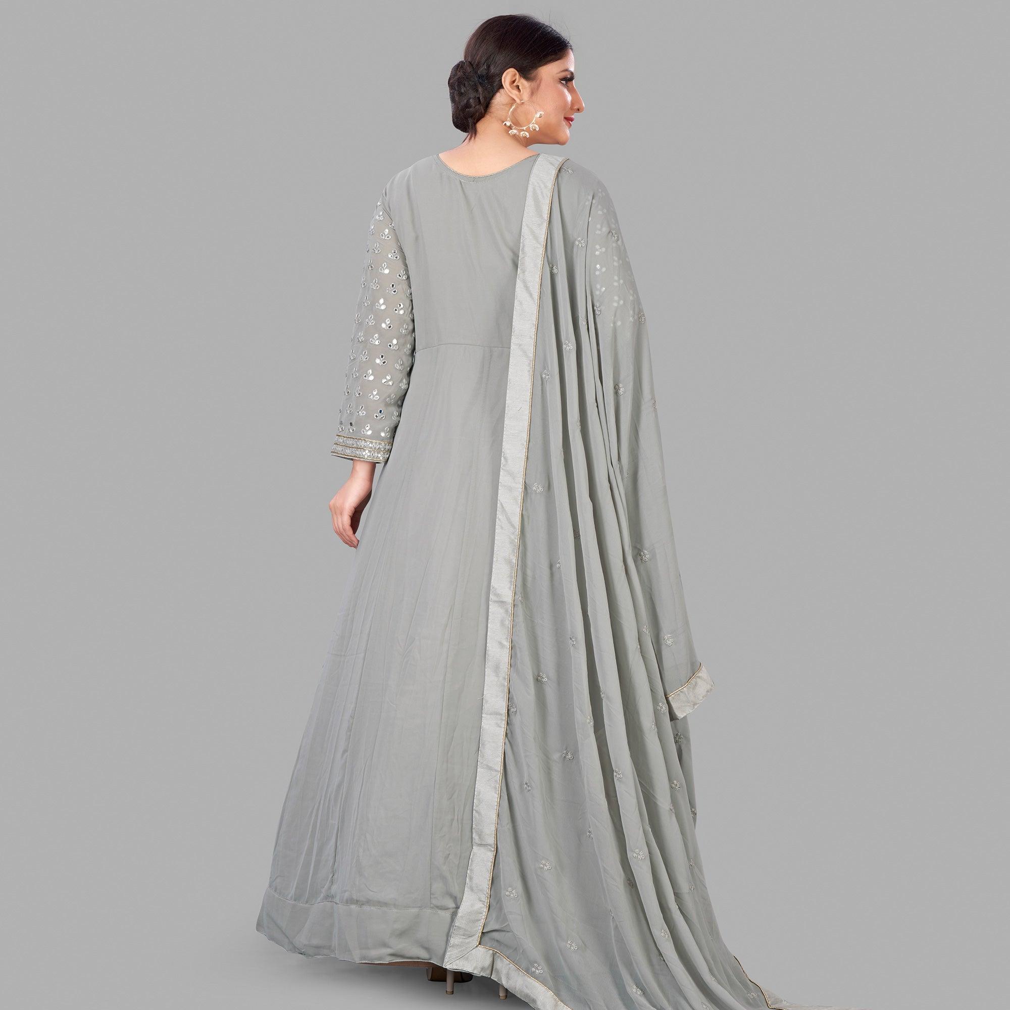 Grey Partywear Embroidered Heavy Faux Georgette A line Anarkali suit - Peachmode