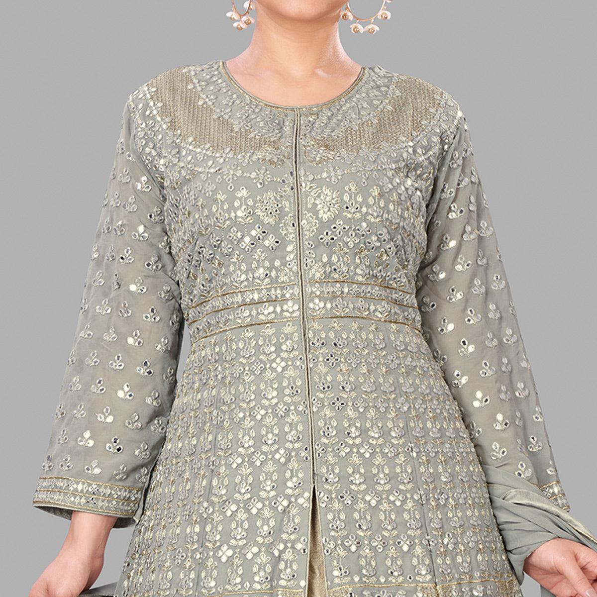 Grey Partywear Embroidered Heavy Faux Georgette A line Anarkali suit - Peachmode