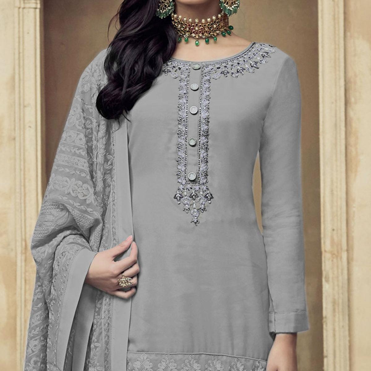 Grey Partywear Embroidered Heavy Georgette Sharara Suit - Peachmode
