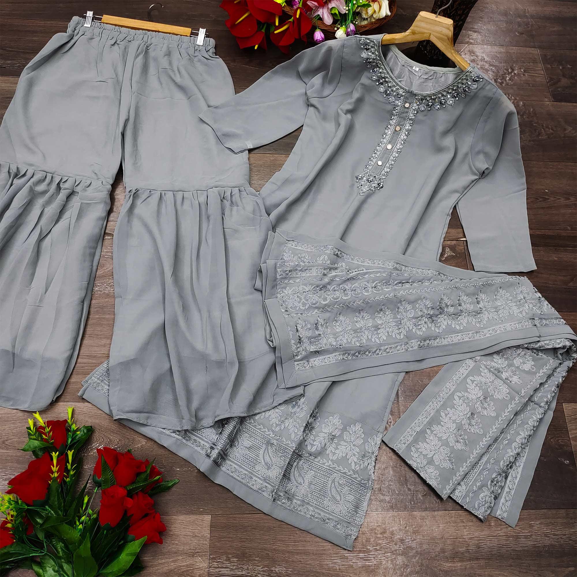 Grey Partywear Embroidered Heavy Georgette Sharara Suit - Peachmode