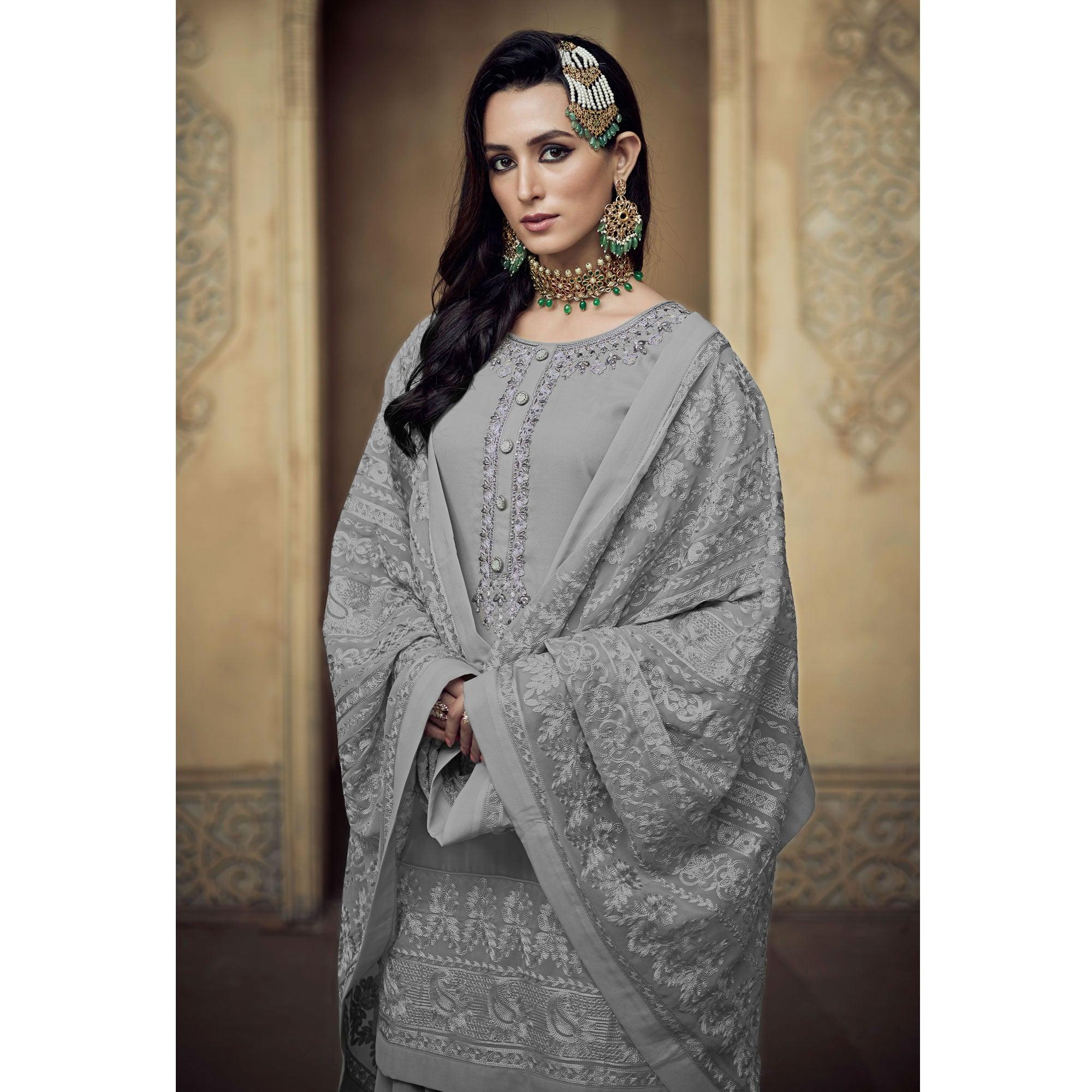 Grey Partywear Embroidered Heavy Georgette Sharara Suit - Peachmode