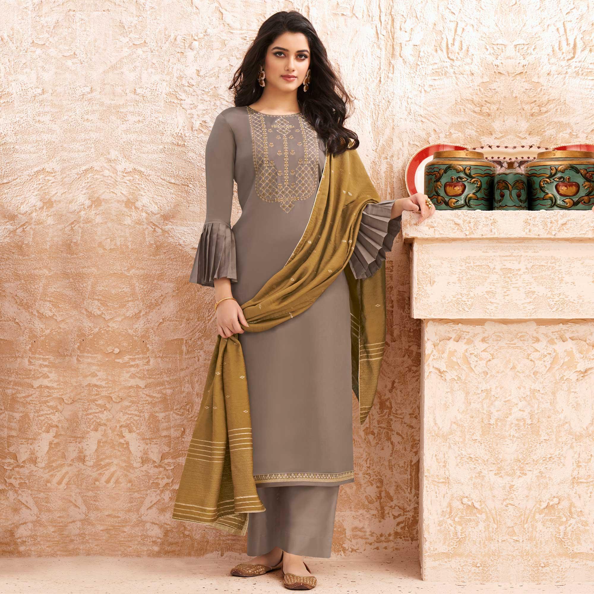 Grey Partywear Embroidered Jaam Silk Suit - Peachmode