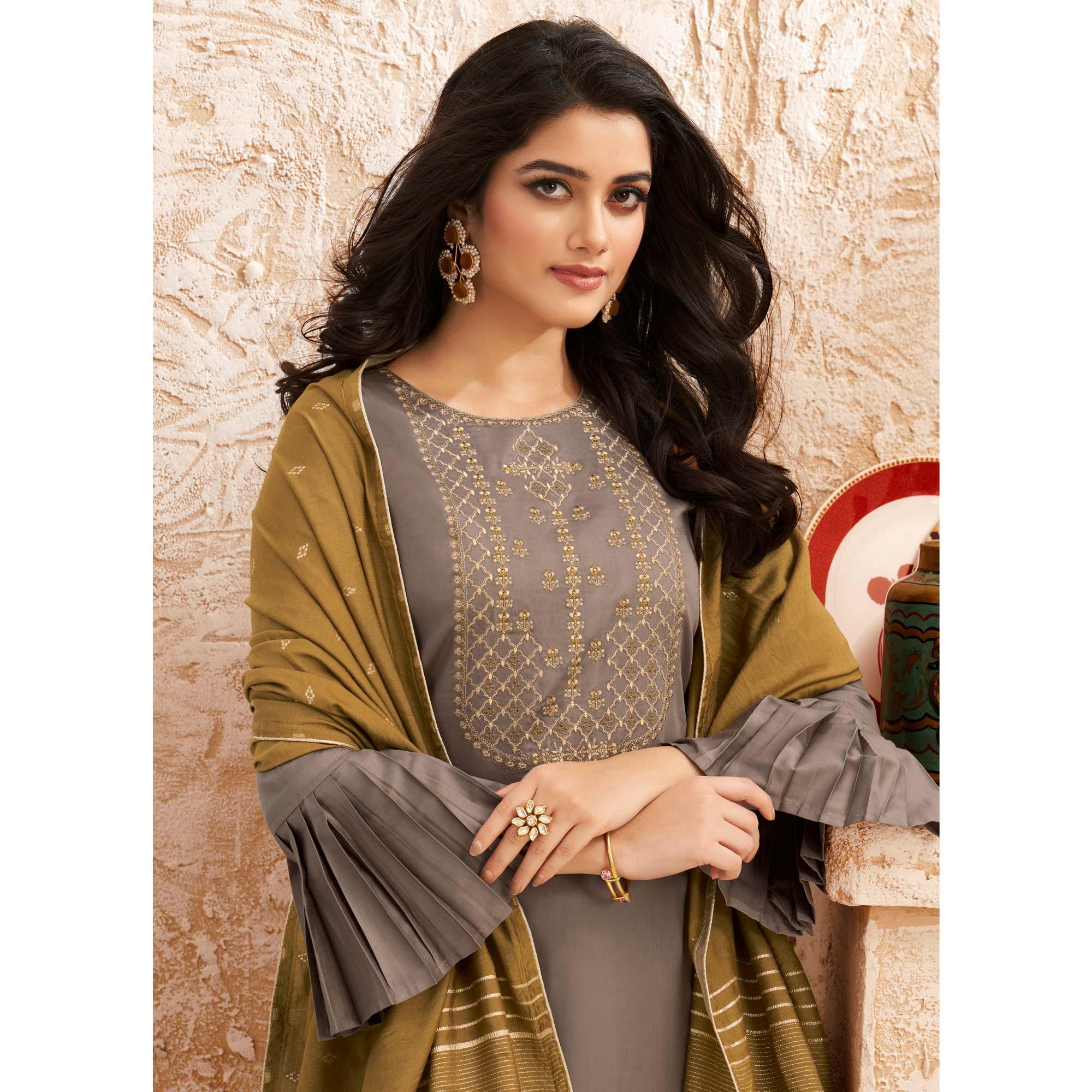 Grey Partywear Embroidered Jaam Silk Suit - Peachmode