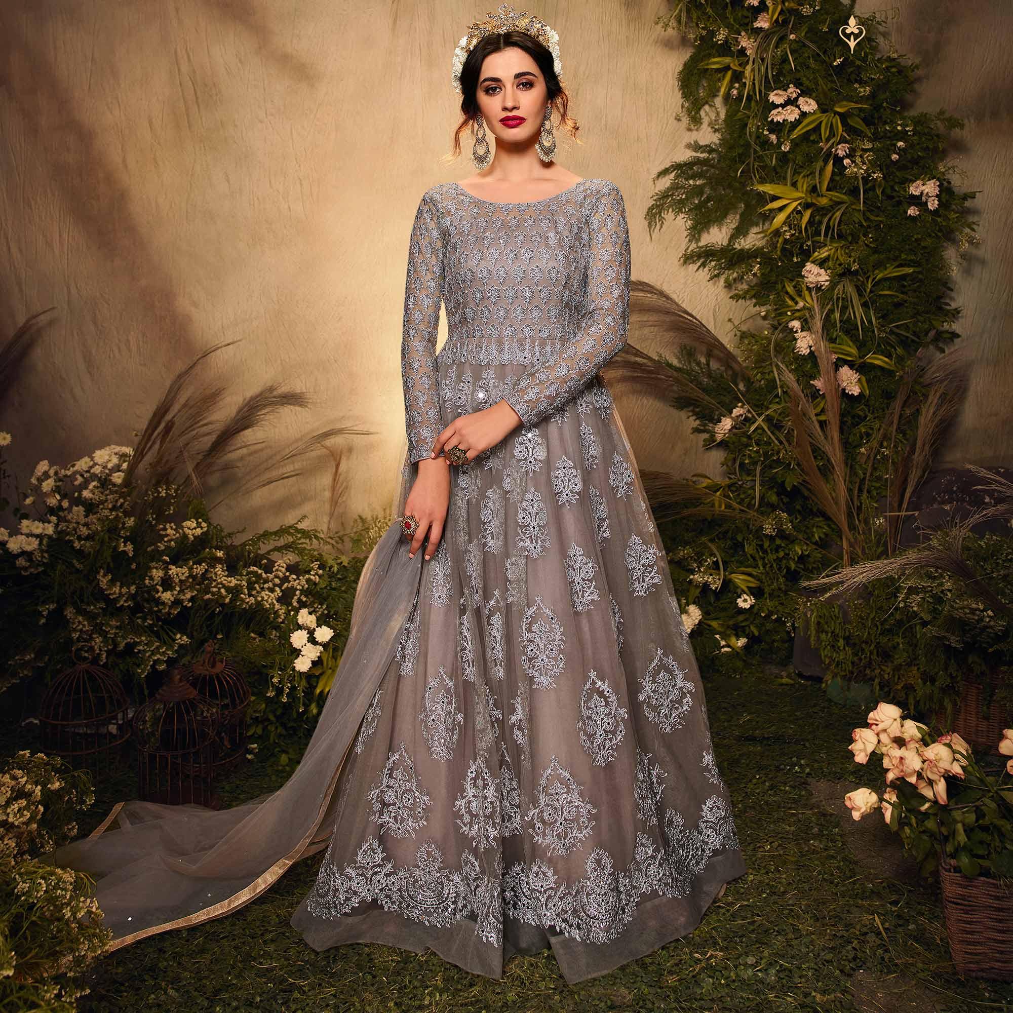 Grey Partywear Embroidered Net Anarkali Suit - Peachmode