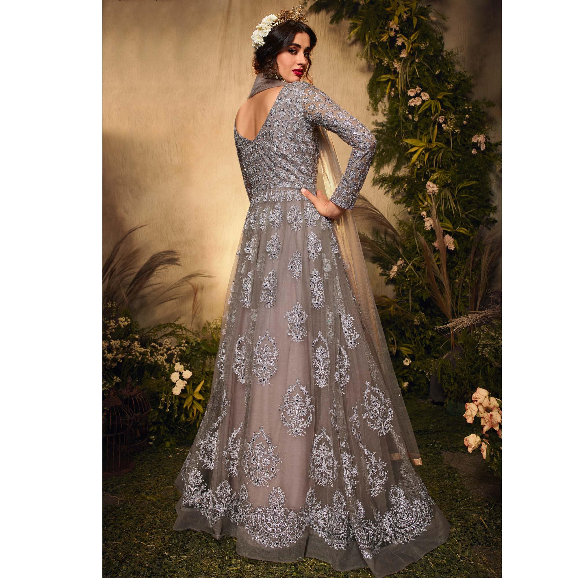 Grey Partywear Embroidered Net Anarkali Suit - Peachmode