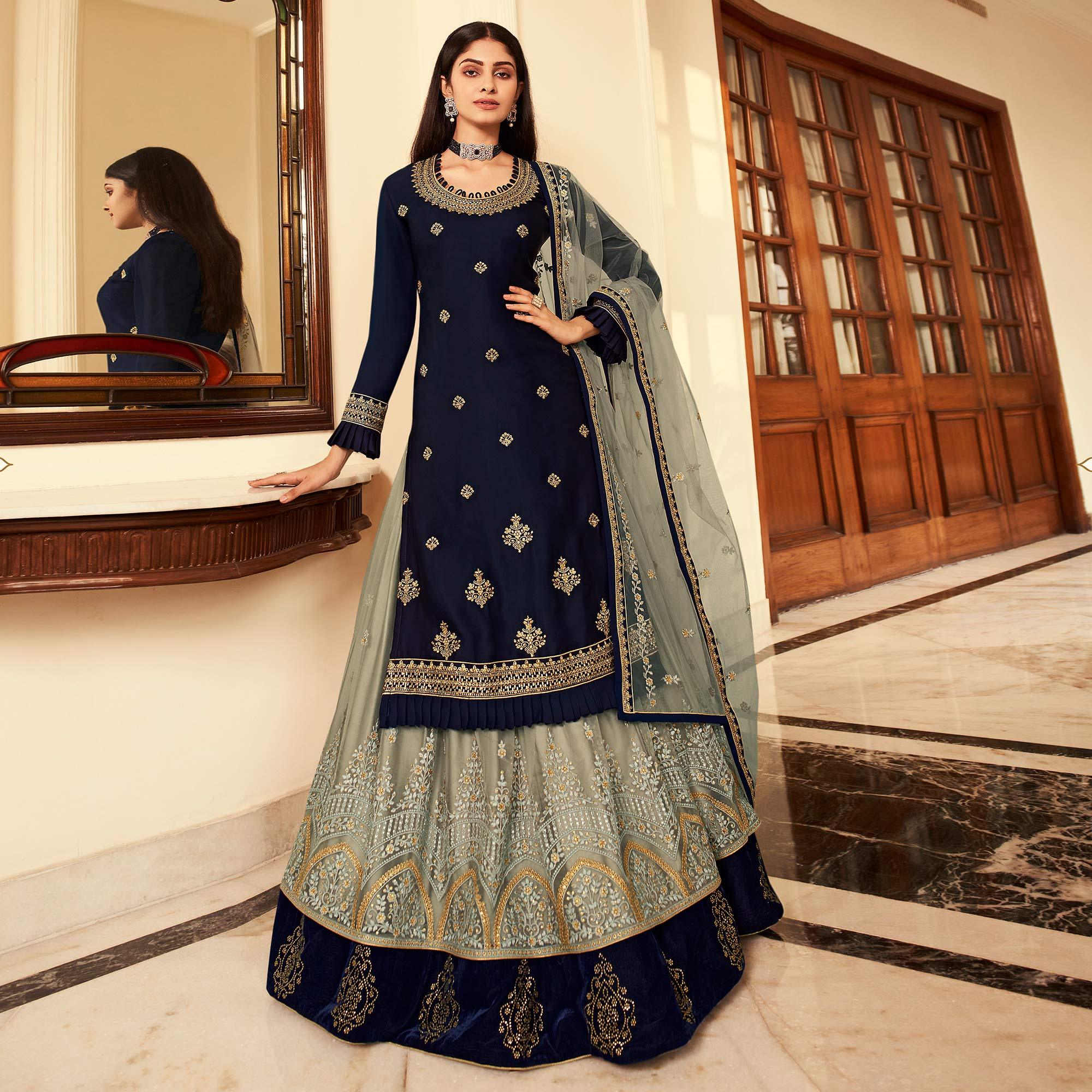 Grey Partywear Embroidered Net Lehenga Choli - Peachmode